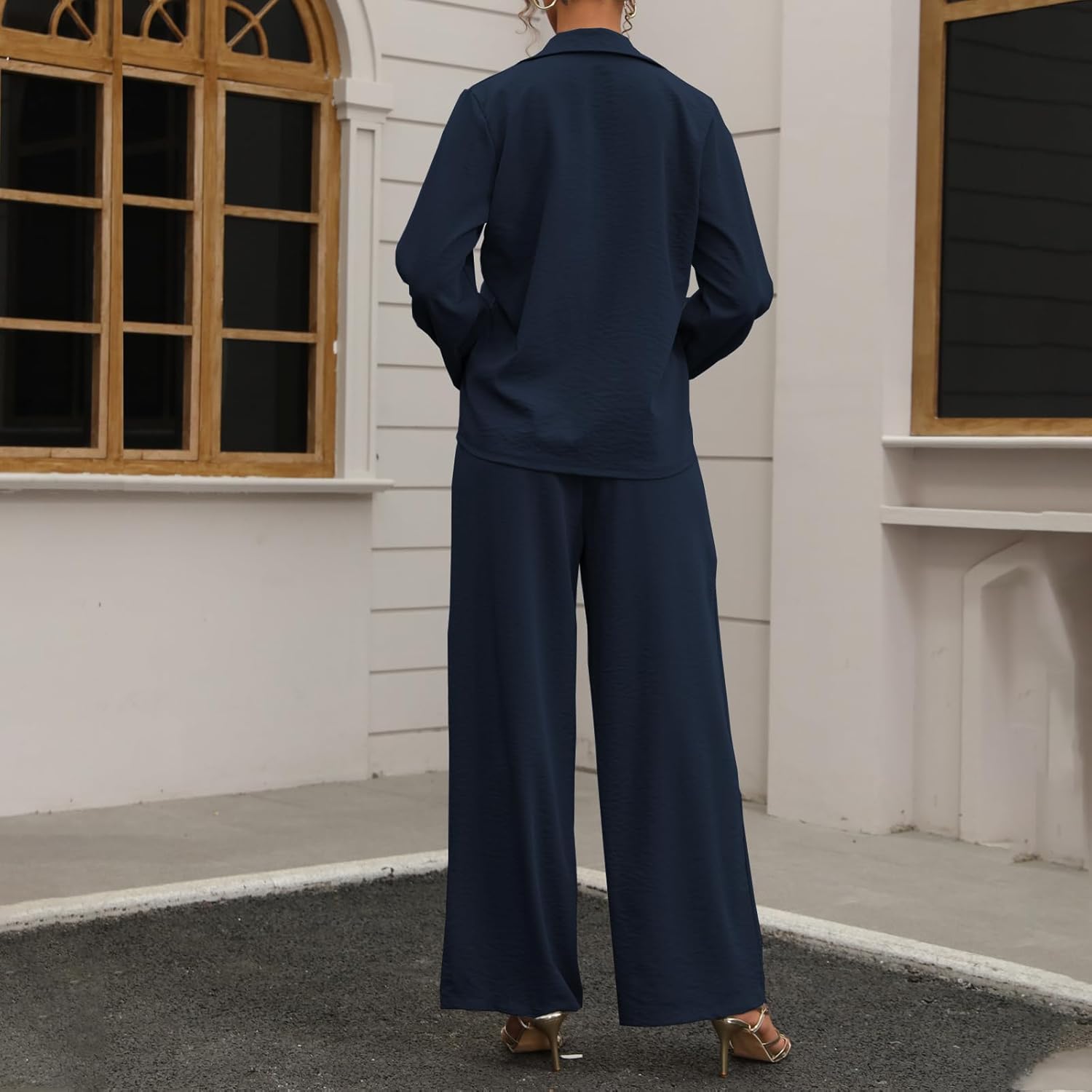 kaimimei Women's Linen 2 Piece Outfits Loungewear Set Button Down Shirt Wide Leg Pants with Pockets Comfortable Casual - Image 4