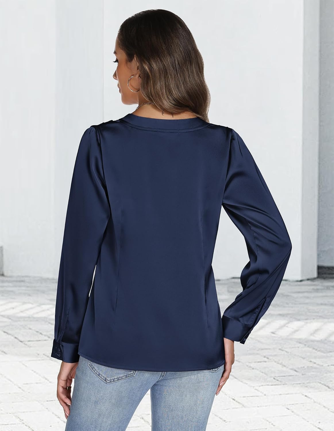Womens Satin Silk Blouse Long Sleeve Button Front V Neck Shirt Business Casual Work Tops Lightweight Elegant Office Wear - Image 2