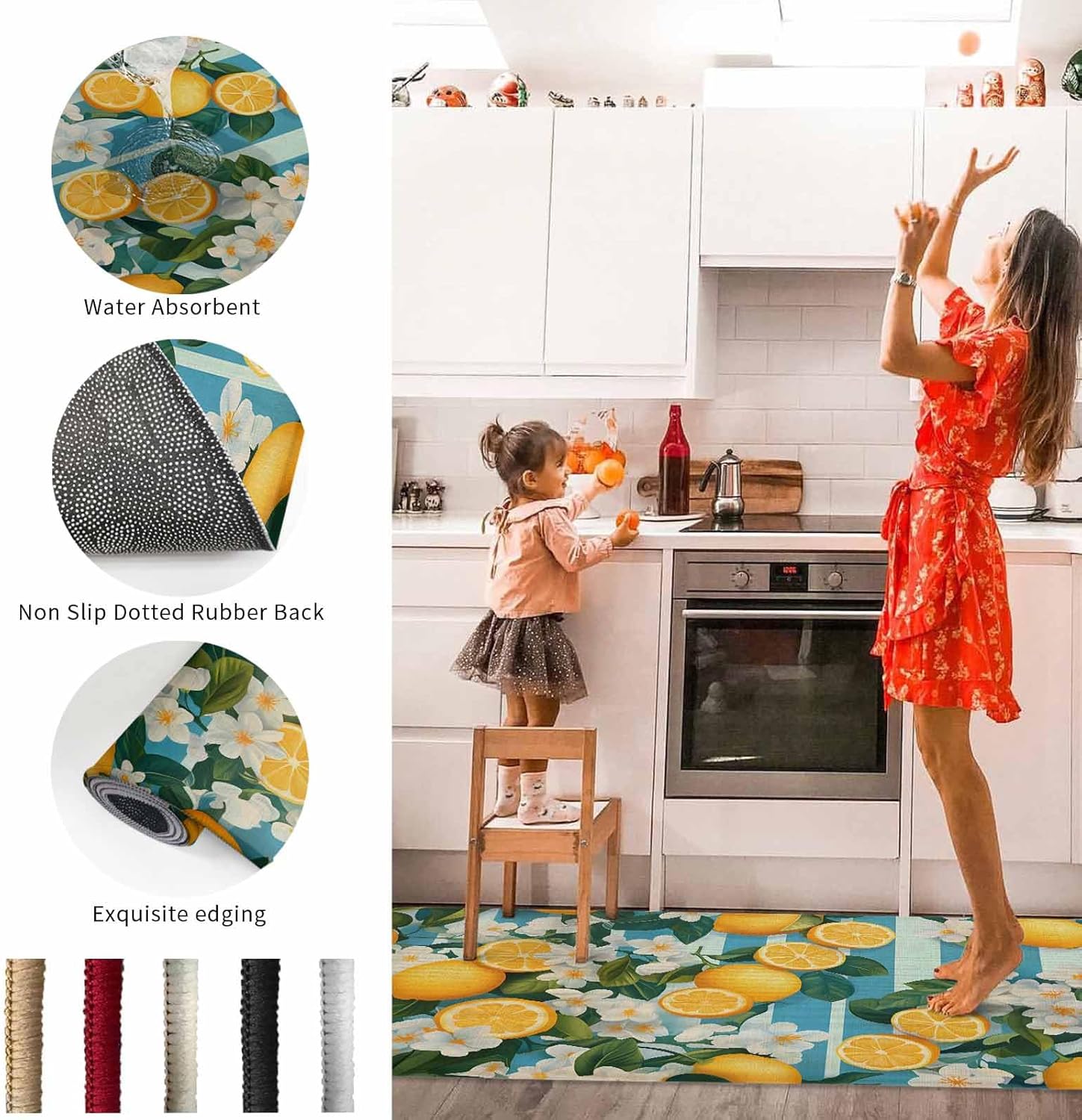 2 Pieces Kitchen Rugs and Mats,Summer Farm Yellow Lemon Blue Stripe Area Runner Rug Set Non Slip Floor Doormat Washable Carpet Standing Mat for Kitchen Sink Indoor Corridor,Flower Leaf Rustic Linen