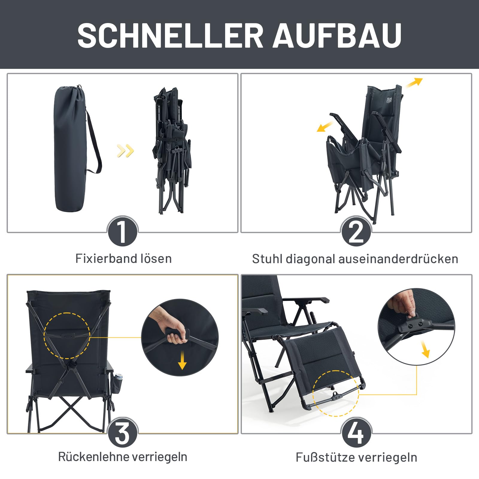 TIMBER RIDGE Faltbarer Campingstuhl mit Fußablage 4-Fach Verstellbarer Rücken Gartenstuhl gepolsterter Sitzfläche 150kg Belastbar Relaxsessel Garten Camping Balkon Wohnmobil