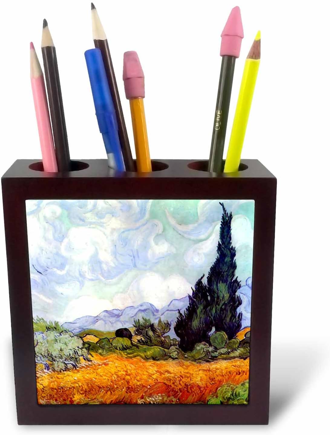 3dRose ph_155652_1 Wheat Field with Cypresses by Vincent Van Gogh 1889-Wheatfield-Cornfield-Trees Fine Landscape-Tile Pen Holder, 5-Inch