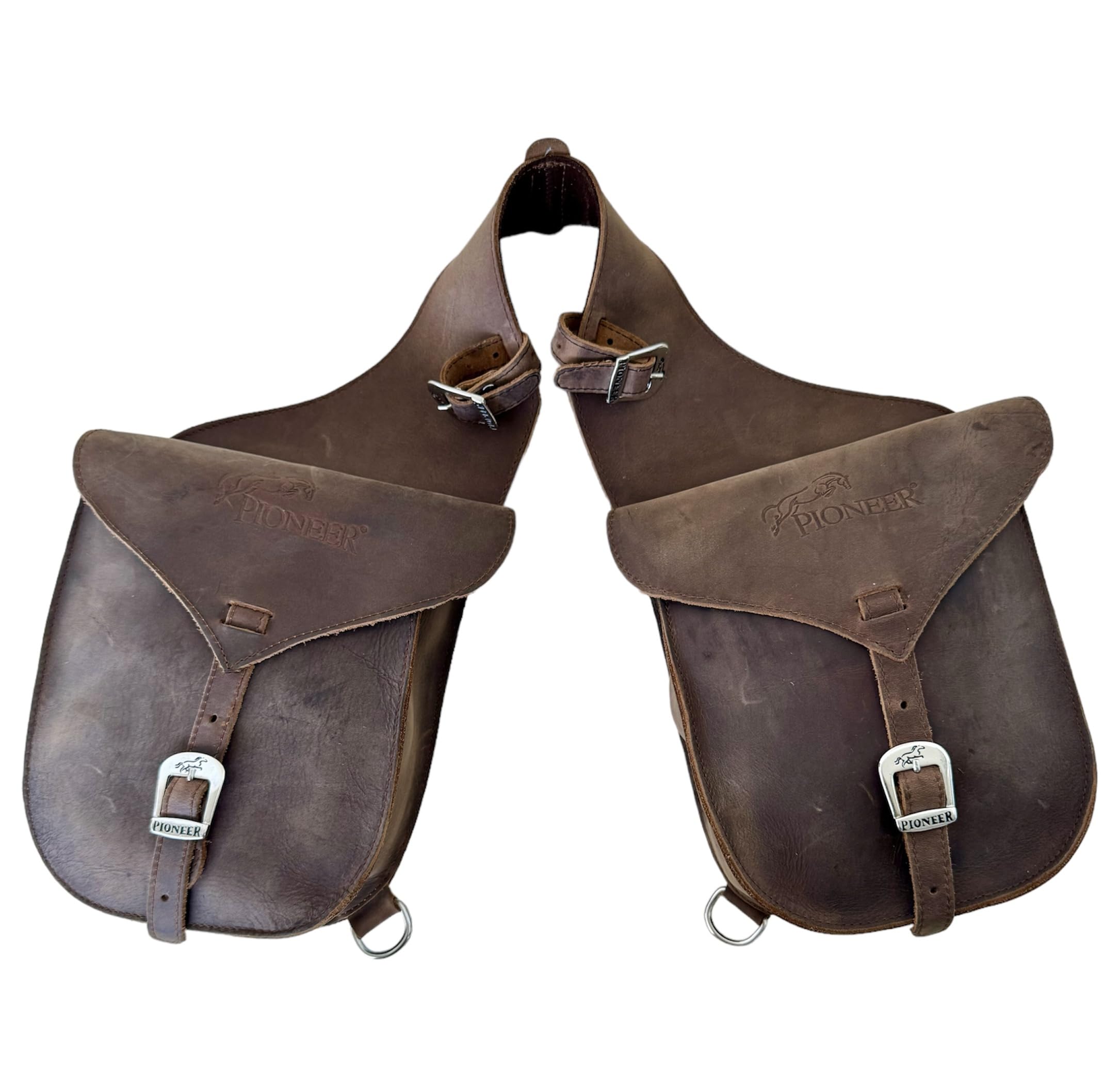PIONEER Bolsas de Silla de Montar para Caballos en Cuero – Ideales para Equitación, Trekking y Paseos a Caballo – Diseño Trasero en Forma de Banana – Resistentes y Cómodas - Marrón