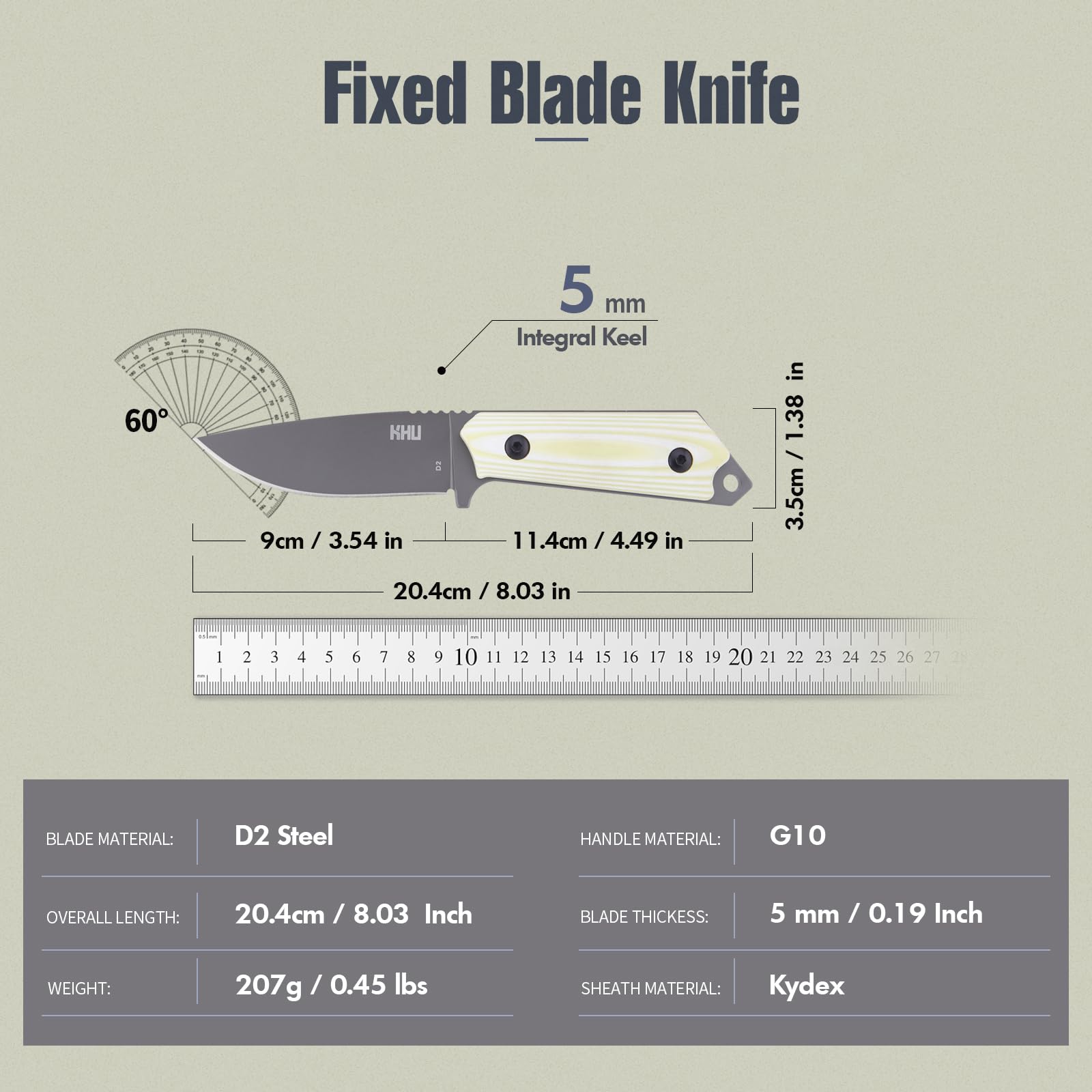 KHU Cuchillo Hoja Fija, Cuchillo Supervivencia Cuchillo Caza Cuchillo Bushcraft D2 Acero Mango de G10, Outdoor Caza Camping Accesorios - Funda Kydex - 29A