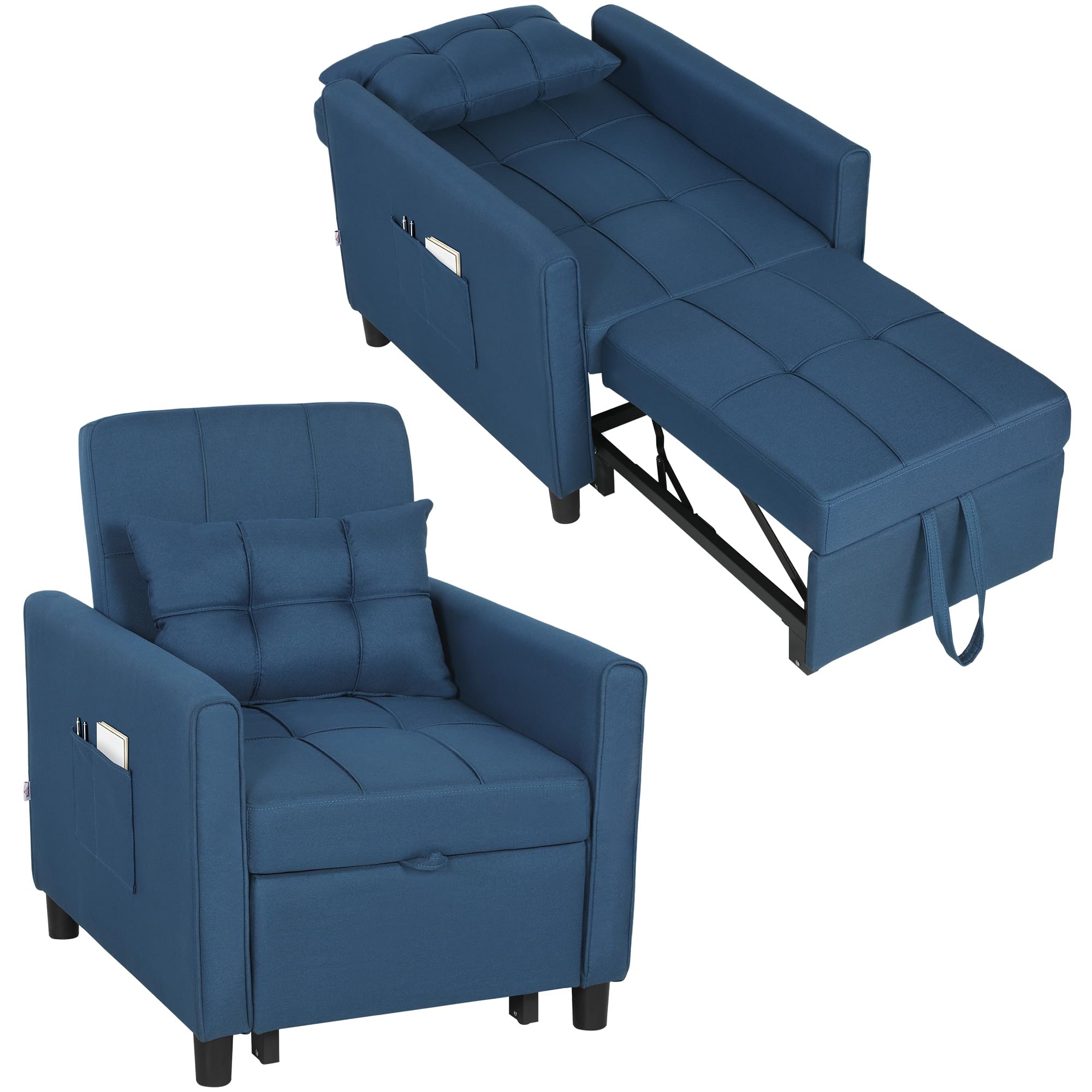 HOMCOM Poltrona Letto Singolo 3 in 1 con Schienale Reclinabile su 3 Livelli, 2 Ruote, Cuscino, Divano Letto Singolo Pieghevole in Tessuto Effetto Lino e Legno, 69x82x85cm, Blu