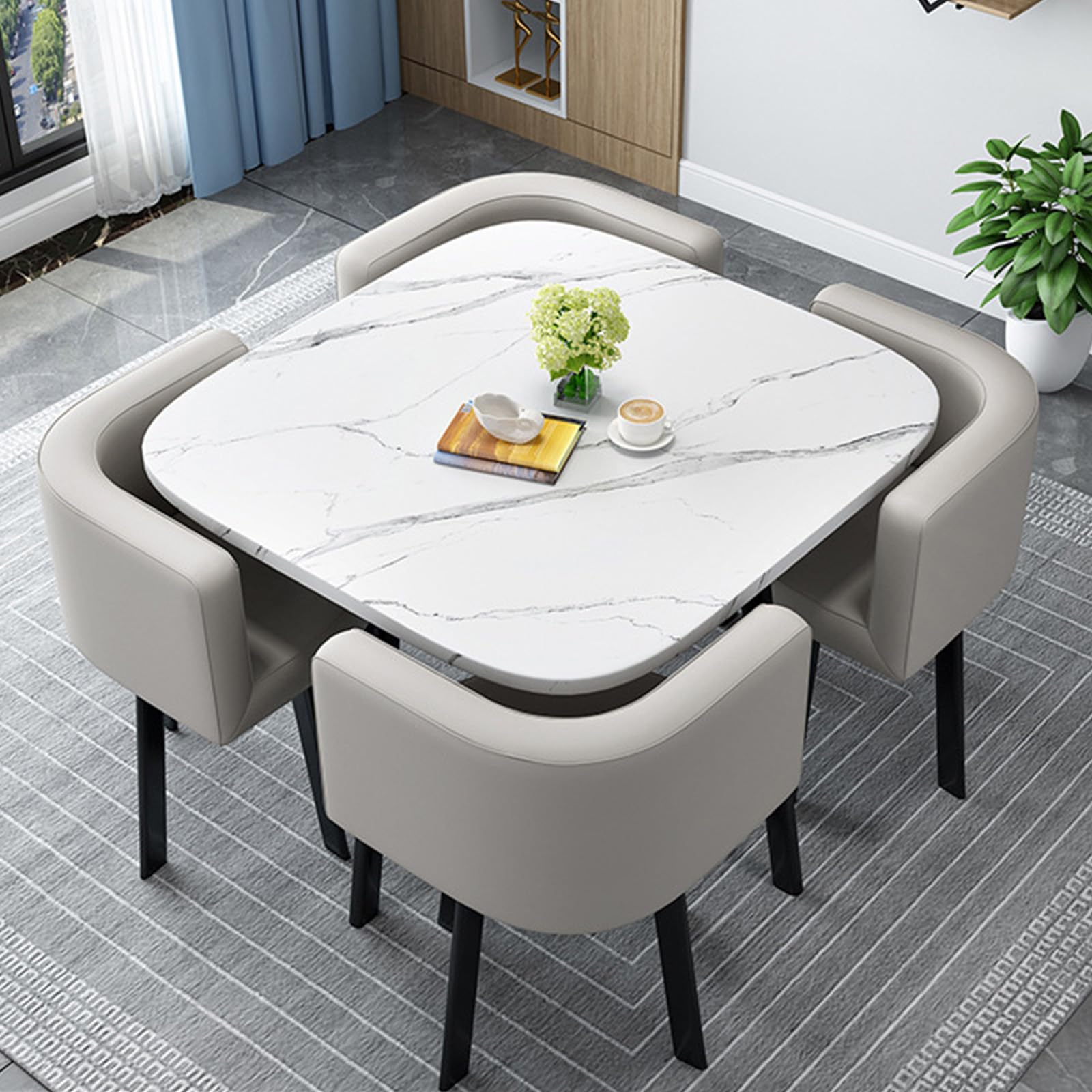 OLSKFUH Compact Square/Round Dining Table Set With 4 Chairs - Modern Space-Saving Dining Room Furniture For Small Spaces Balconies Living Rooms And Kitchens 80Cm/31.5In,Leathera-80cm/31.5in