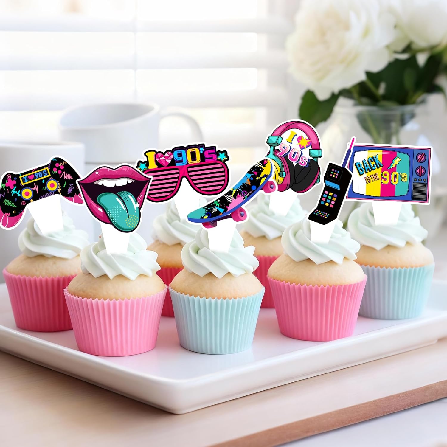 36 Pieces 80s 90s Cupcake Toppers - 80s 90s Theme Birthday Party Decorations for Adults, Hip Hop Retro Cake Topper Supplies, DIY Dessert Decor