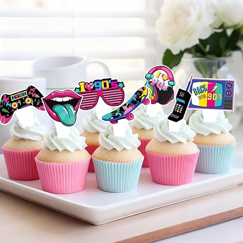 Miniatura 5 de 36 piezas de decoración para cupcakes de los años 80 y 90, temática de los años 80 y 90, decoraciones de fiesta de cumpleaños para adultos,