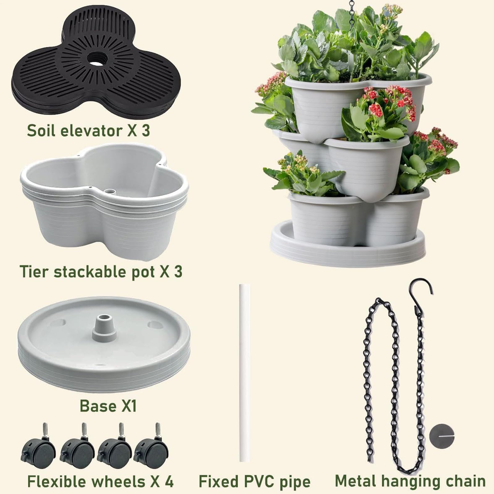 Torre Cultivo Vertical De Cultivo En Contenedor con Ruedas Extraíbles | Jardinera Exterior Superponible En Niveles Kit De Herramientas Para Verduras, Suculentas Y Fresas, Interior Y Exterior