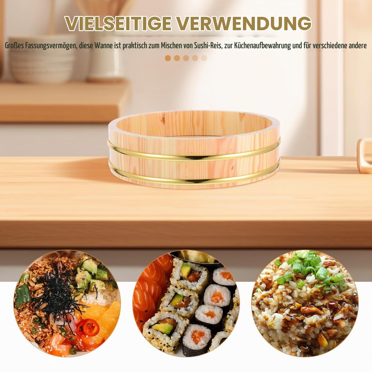 Zerodeko Sushi-Reis-Mischwanne Aus Holz Hangiri Reisschale FüR Sushireis Traditionelle Sushi HolzschüSsel FüR KüChe Und Restaurant 26.5cm