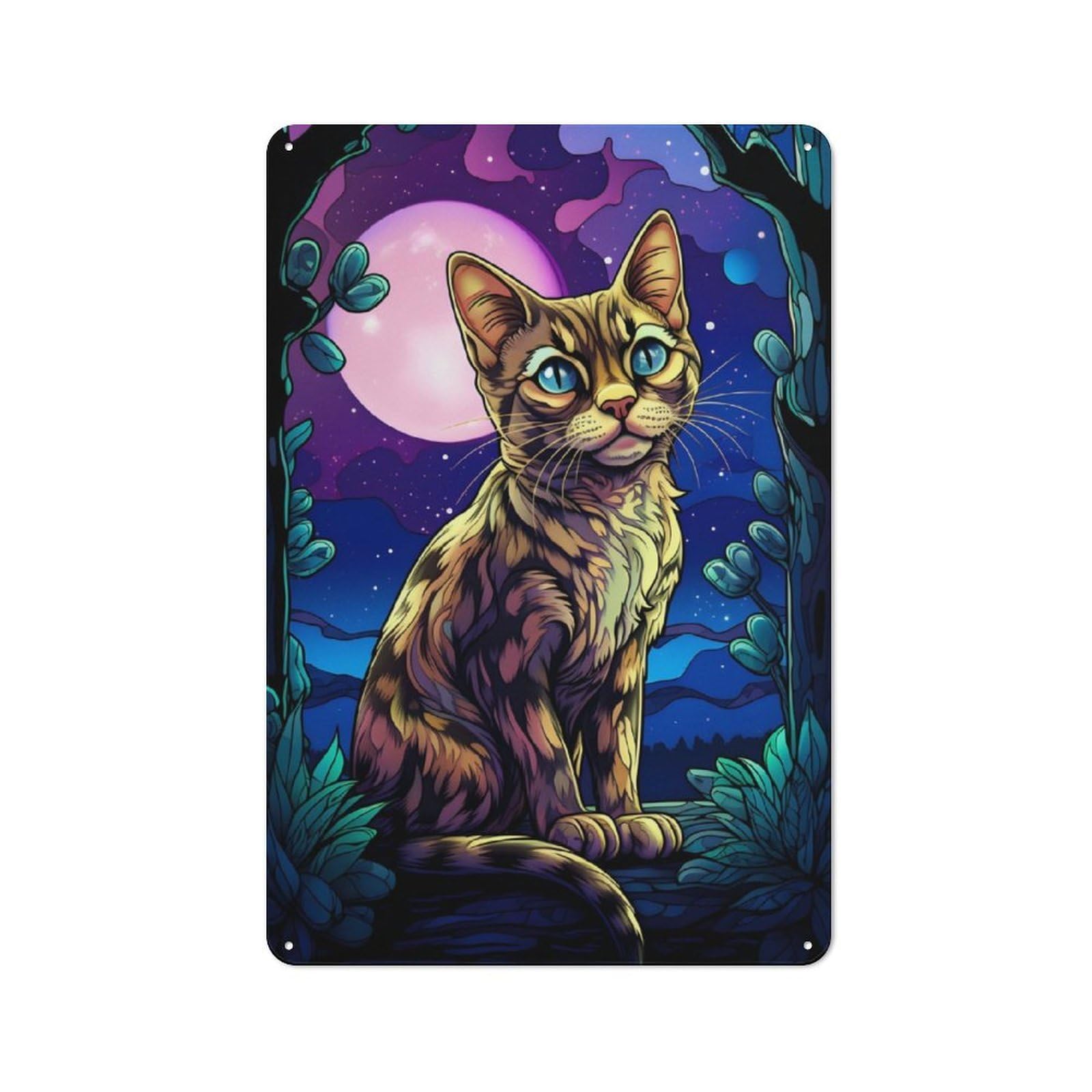 Junmoney Bengal Cat Night Vintage Tin Sign With Design 30X20cm, Nostalgic Nostalgic Wall Art For Living Room, Hallway, Kitchen Or Cafe