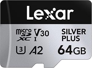 Lexar Silver Plus Micro SD Card 64GB, Up to 205 MB/s Read Speed, Memory Card Micro SD with SD Adapter, UHS-I, A2, U3, V30, Class 10, 4K UHD microSDXC Memory Card