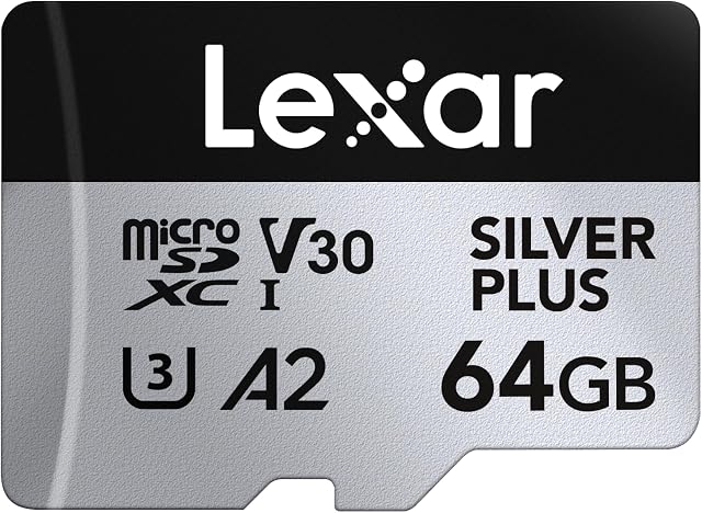 Carte Micro SD Lexar Silver Plus 64Go, Jusqu'à 205 Mo/s Vitesse de Lecture, Carte Mémoire Micro SD avec Adaptateur SD, UHS-I, A2, U3, V30, Classe 10, Carte mémoire microSDXC 4K UHD