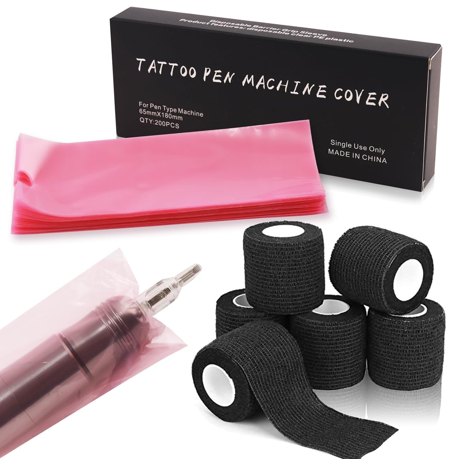 SHIELD PLUS Tattoo Pen Covers(200 PCS) with 6PCS Grip Tape - Machine Wrap Cover Pink Pen Bags Pen Sleeves Machine Sleeves with Black Grip Wrap Self-Adherent Tape Plastic Covers-image-1