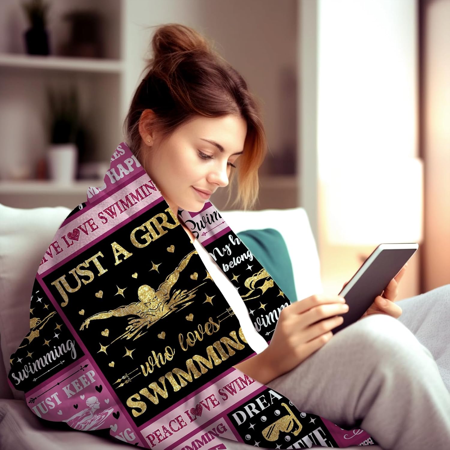 Swimming Blanket Gift for Teens Girls Women,Swimming Stuff Merch Sports Throw Blankets,Funny Swim Coach Gifts for Teammate Female Swimmers 80"x60"