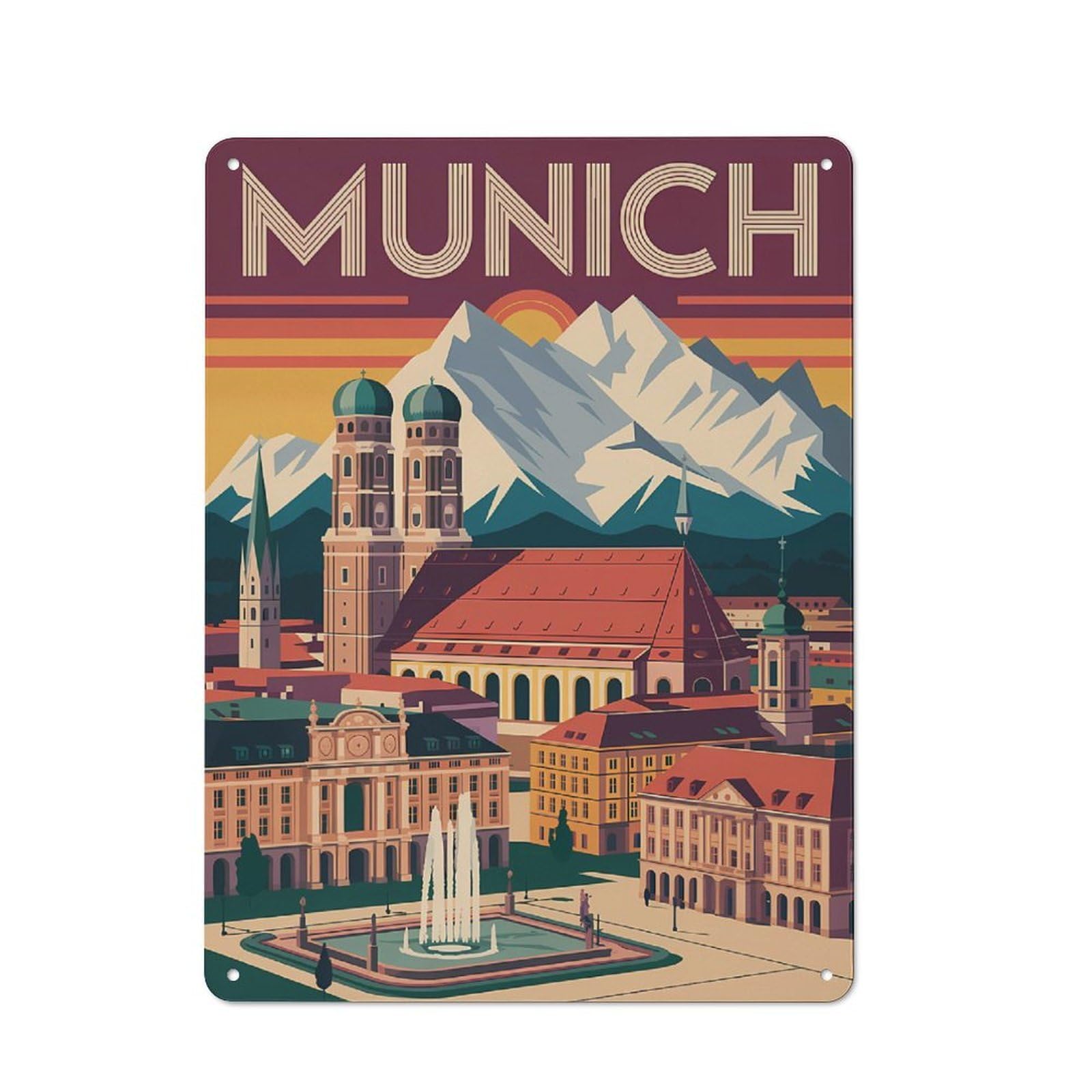 Classic Munich Cityscape Travel Metal Wall Plaque 40x30cm, Nostalgic Wall Art for Living Room, Hallway, Kitchen Or Cafe