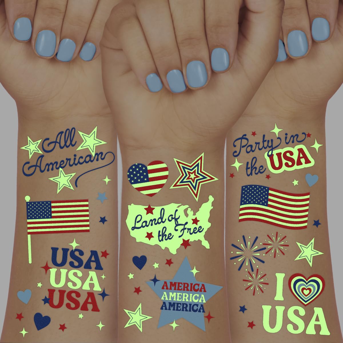xo, Fetti Fourth of July Tattoos - 54 designs Glow in the Dark | Patriotic Party Decor, Red White Blue, USA Flag, Kids Birthday, American Independence Day, Temporary Tattoos