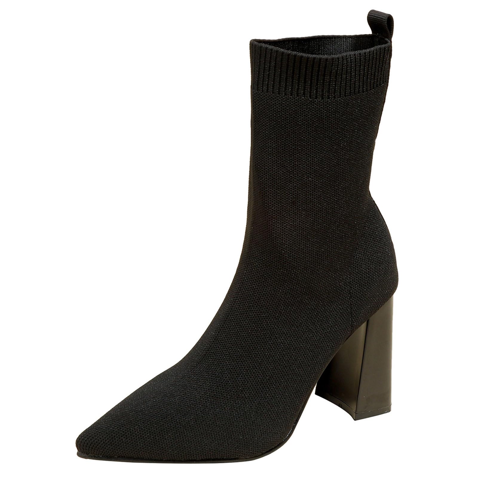 Womens Chunky High Heel Knitted Ankle Boots Sexy Pointed Toe Slip On Stretch Socks Mid Calf Boots For