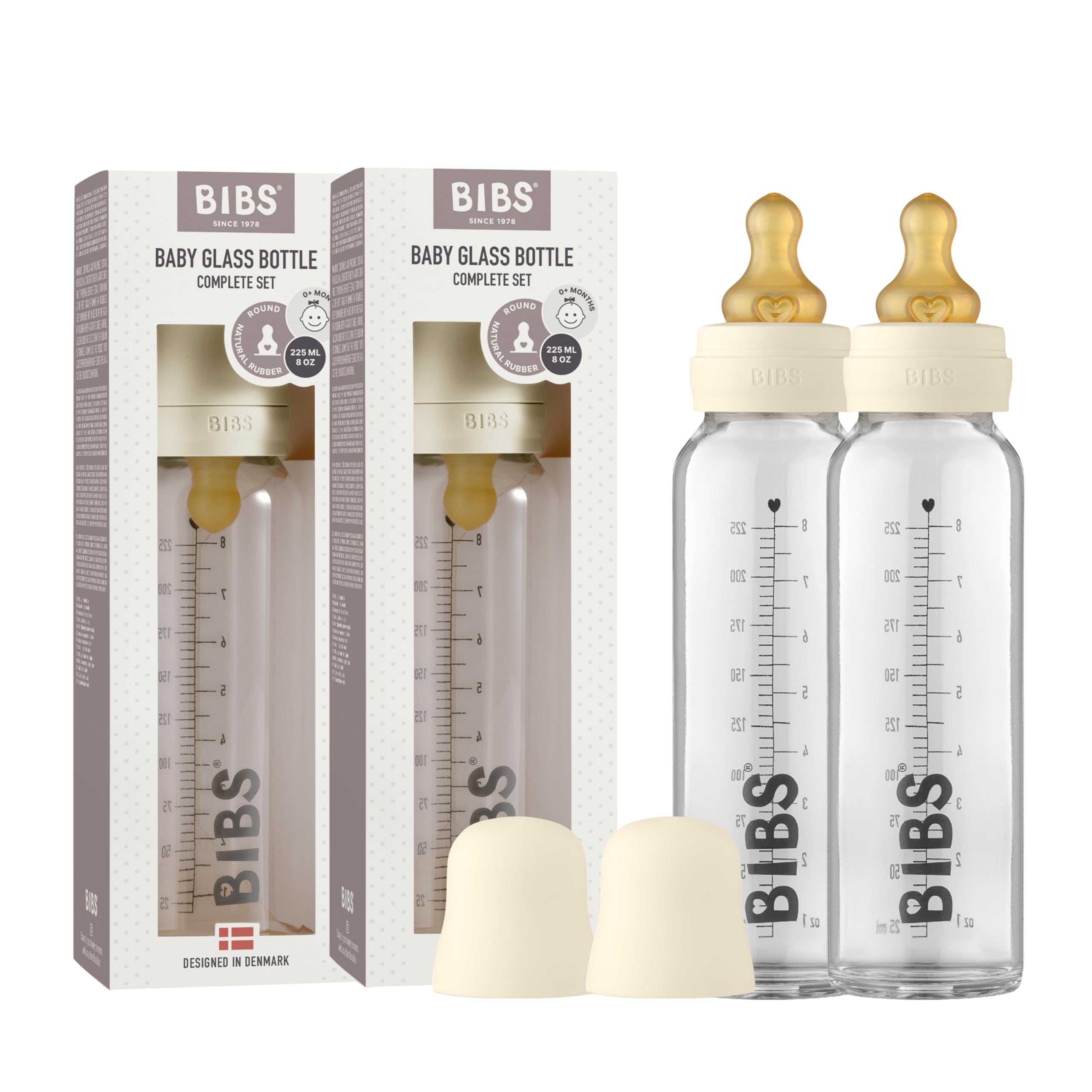 Biberon in vetro BIBS. Anti-coliche. Set di 2. Tettarella rotonda in lattice di gomma naturale. Favorisce l'allattamento naturale al seno, Complete Set - 225 ml (Pack of 2), Ivory
