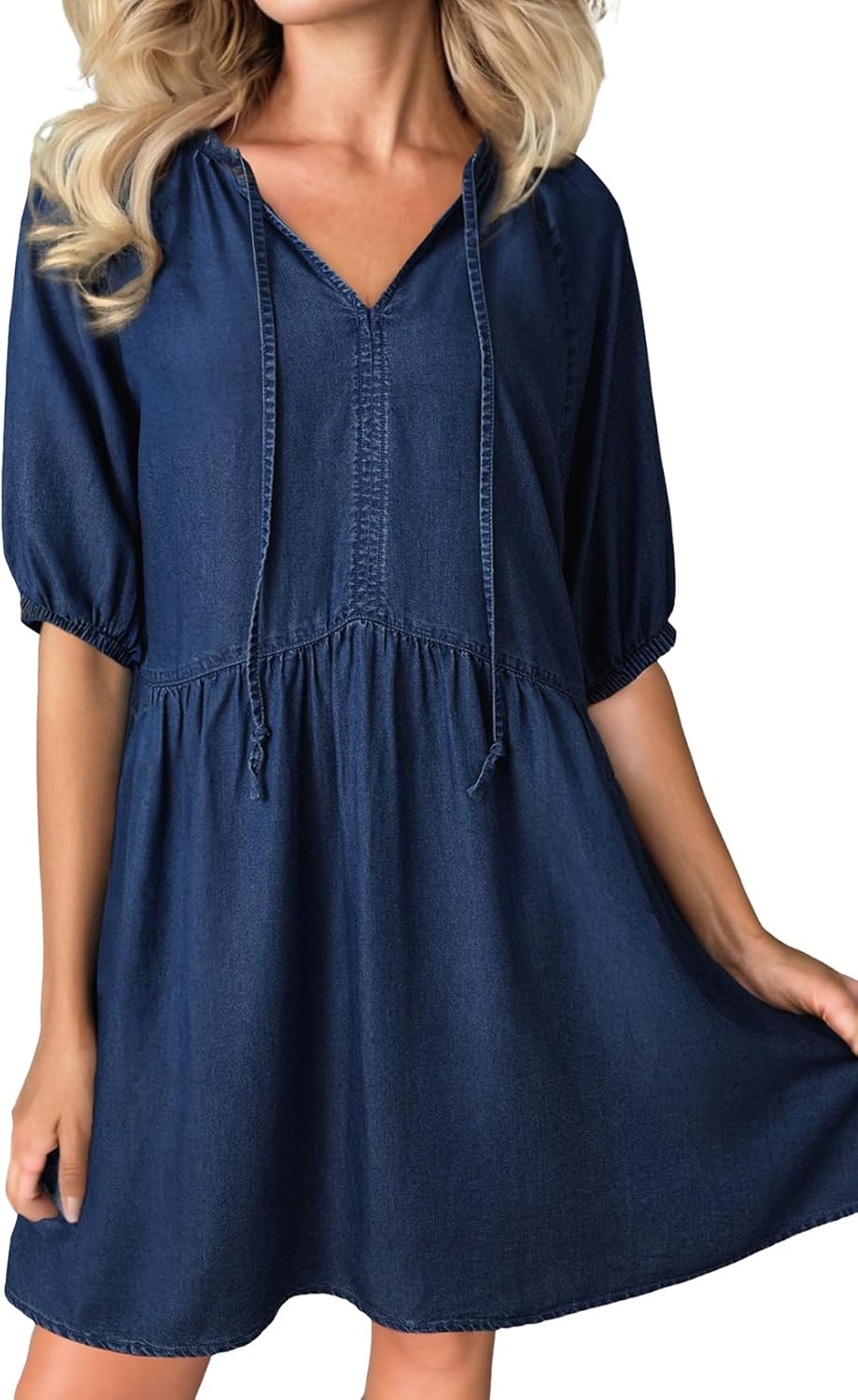 Dokotoo Denim Dress for Women Short Puff Sleeve V Neck Solid Babydoll Jean Dresses