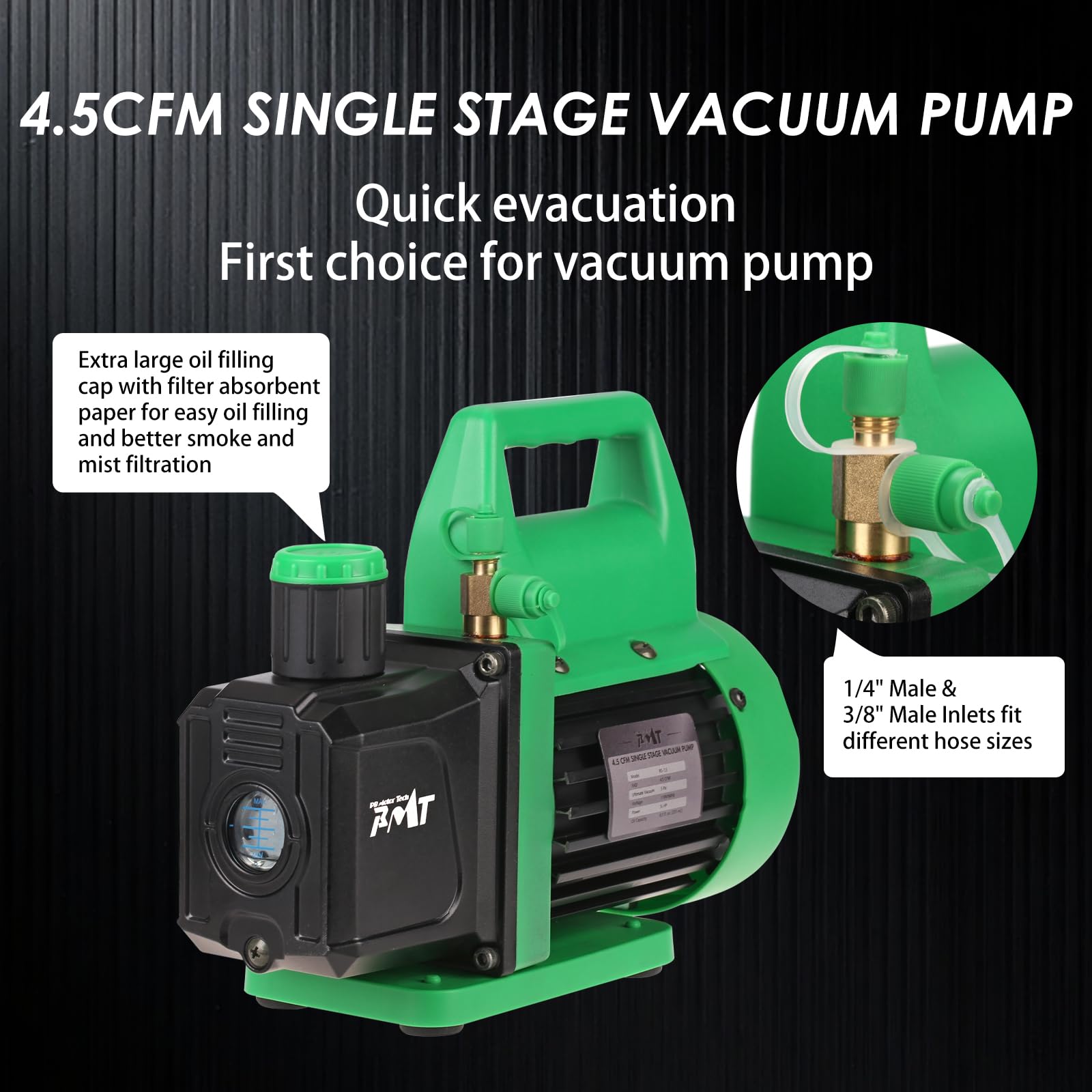 PB Motor Tech - Juego de Bomba de vacío y manómetro - Bomba de 4.5 CFM con manómetro de Aluminio, acopladores rápidos, Adaptador 410, Herramienta de Grifo y Bolsa de Transporte, para refrigerantes