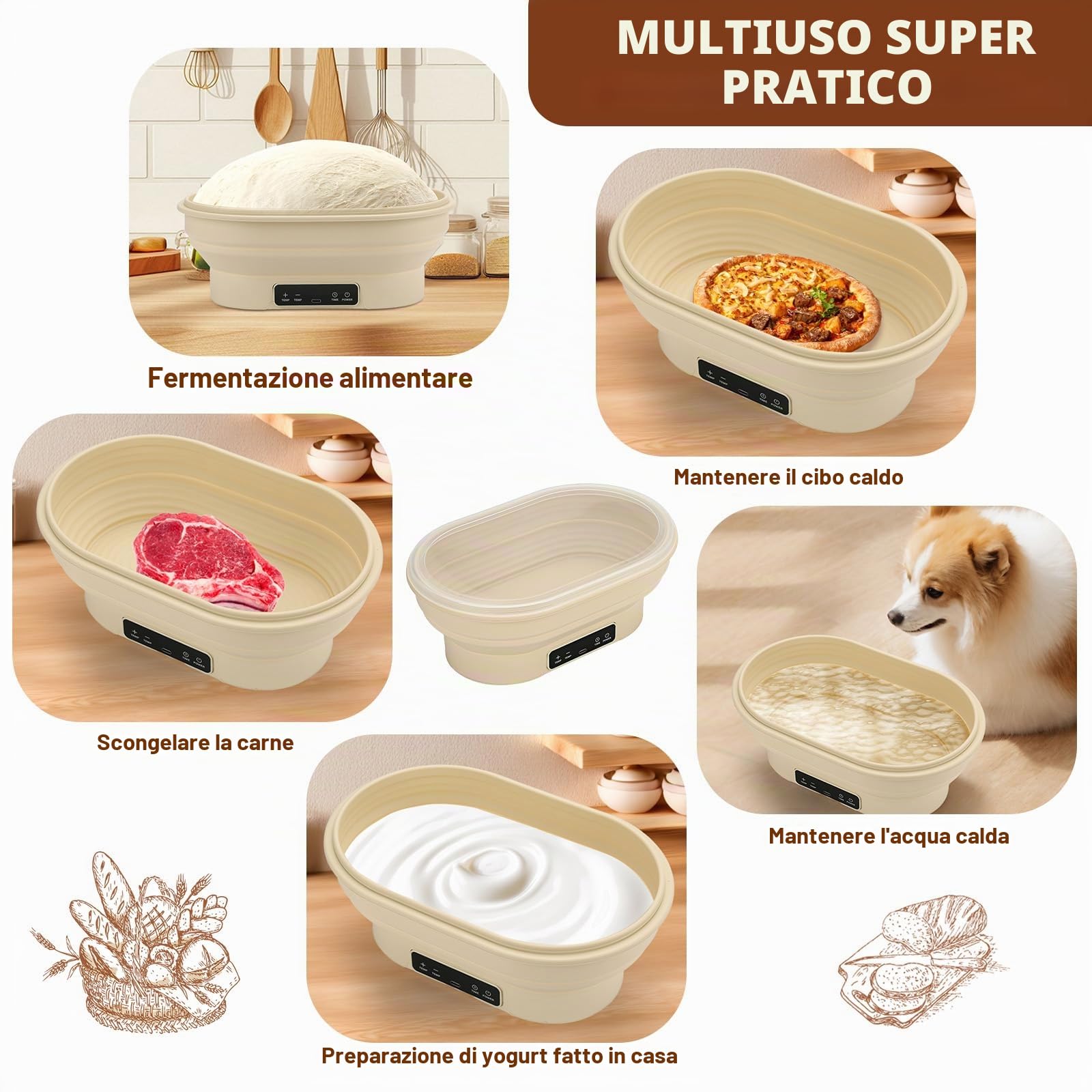 Set di cestini elettrici per lievitazione lievitazione – Ciotola termostatica in silicone da 2 l, kit da 7 pezzi. Riempimento più veloce dell'impasto, facile da pulire. Perfetto per gli appassionati