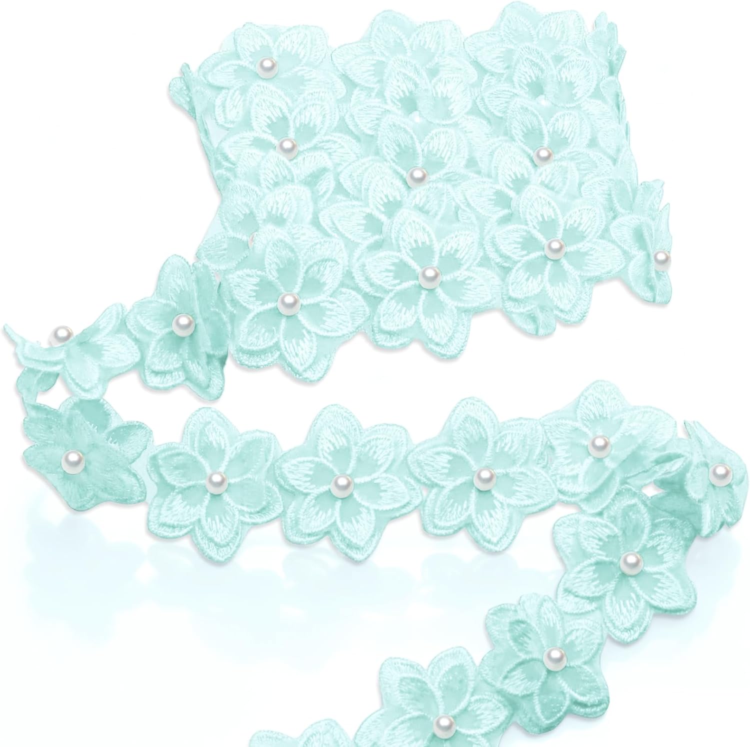 Vonty White Flower Lace Trim Pearl Embroidered Organza Applique