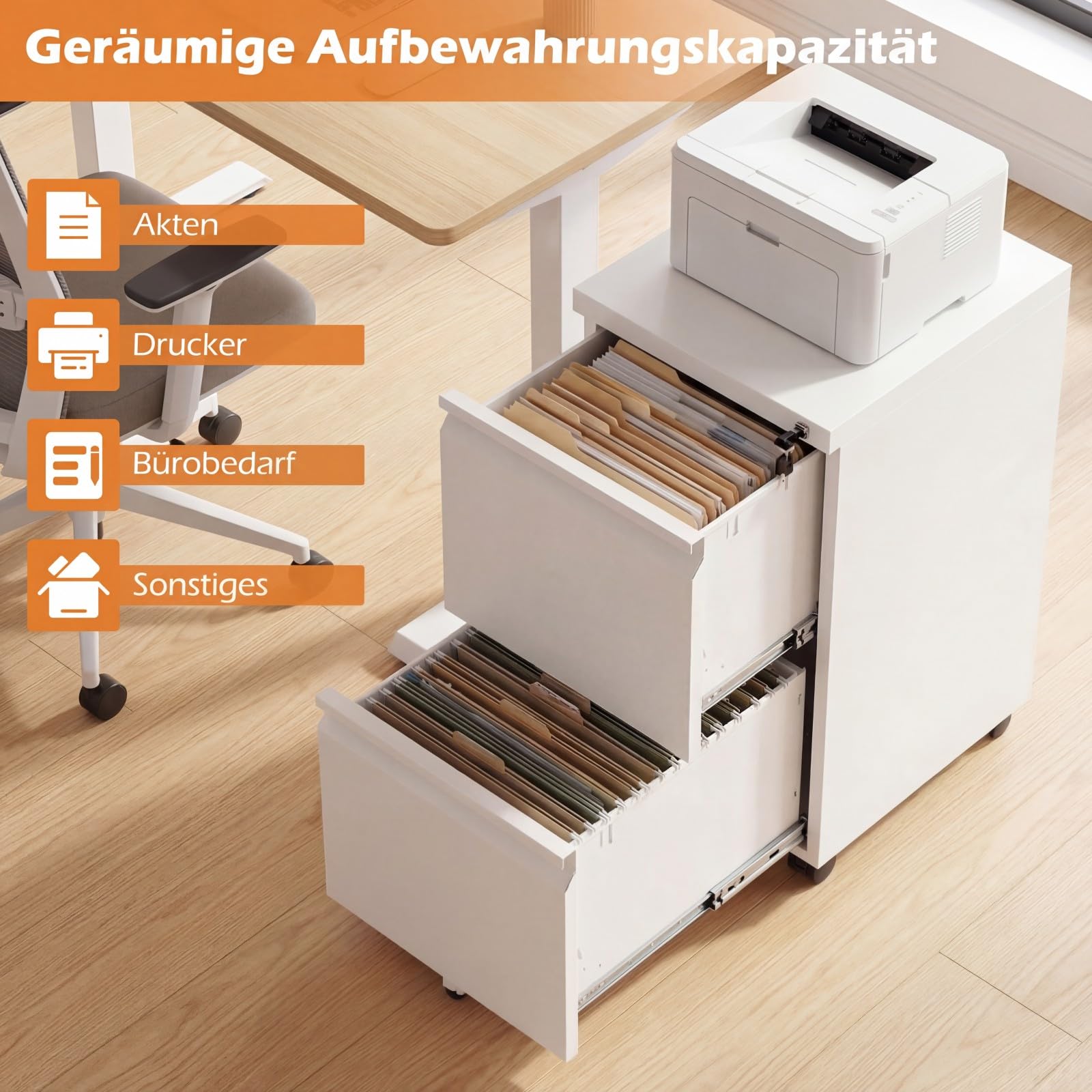 COSTWAY Rollcontainer abschließbar aus Metall, Aktenschrank unter Schreibtisch, Bürocontainer mit 2 Schubladen & Hängeregistratur für Dokumente, Metallschrank mit 5 Rädern, 44 x 37 x 67 cm (Weiß)