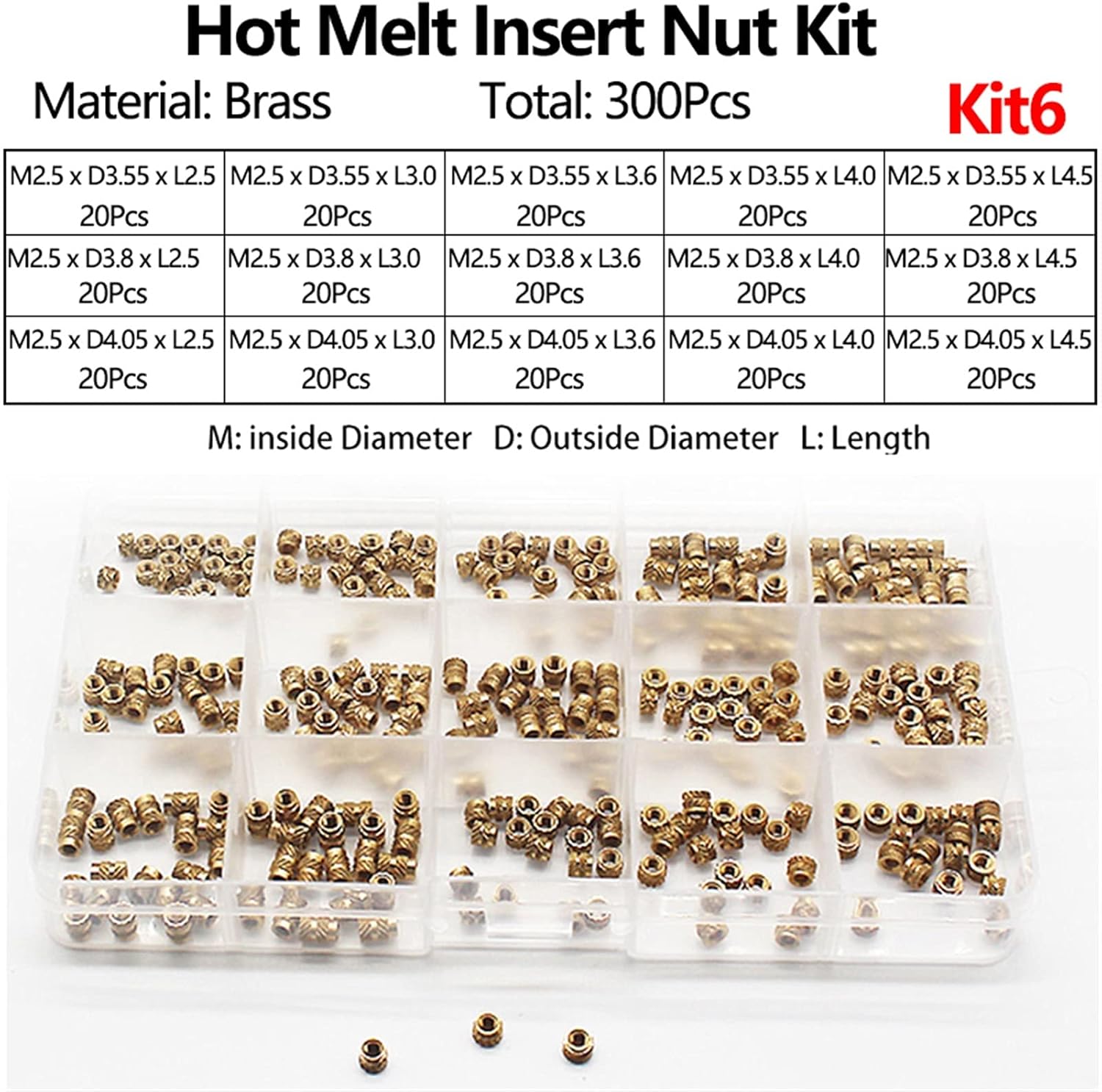 Hardware Accessories,Female Thread Knurled Threaded Embedment Hot Melt Insert Brass Nuts Assortment Kit for 3D Printing Injection Molding (Color : Kit4) (Color : Kit2) ( Color : Kit6 , Size : One size