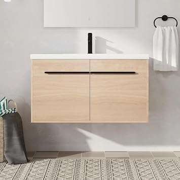 36 Inch Floating Bathroom Vanity with Sink - Modern Brown Wall Mounted Vanity Set with 2 Doors and White Basin, 36" Single Sink Vanity Combo Waterproof Plywood Construction
