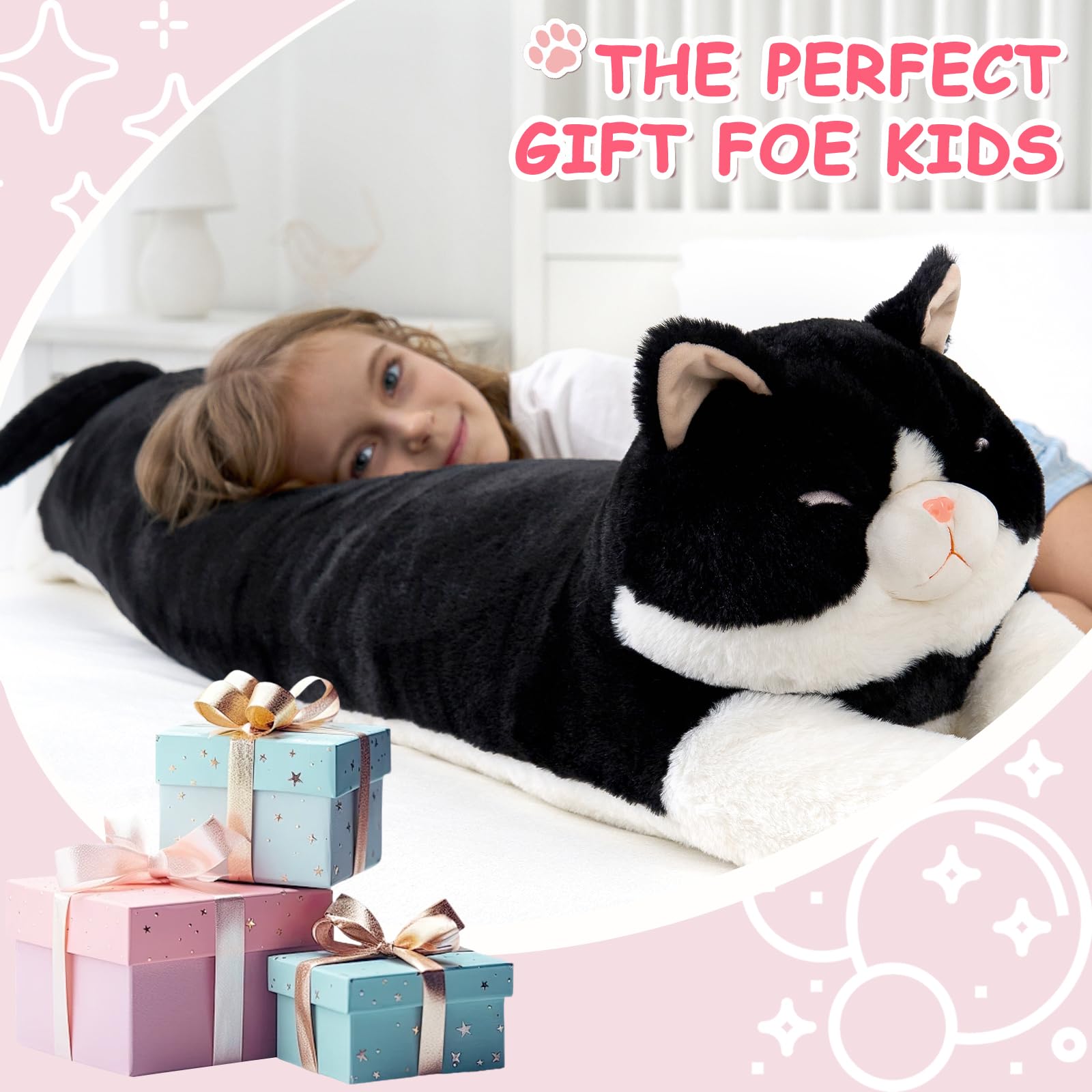 Dalmao Gato de peluche blanco y negro de 120 cm de alto, largo como cojín de abrazo/cuerpo, peluche suave para niños y adultos