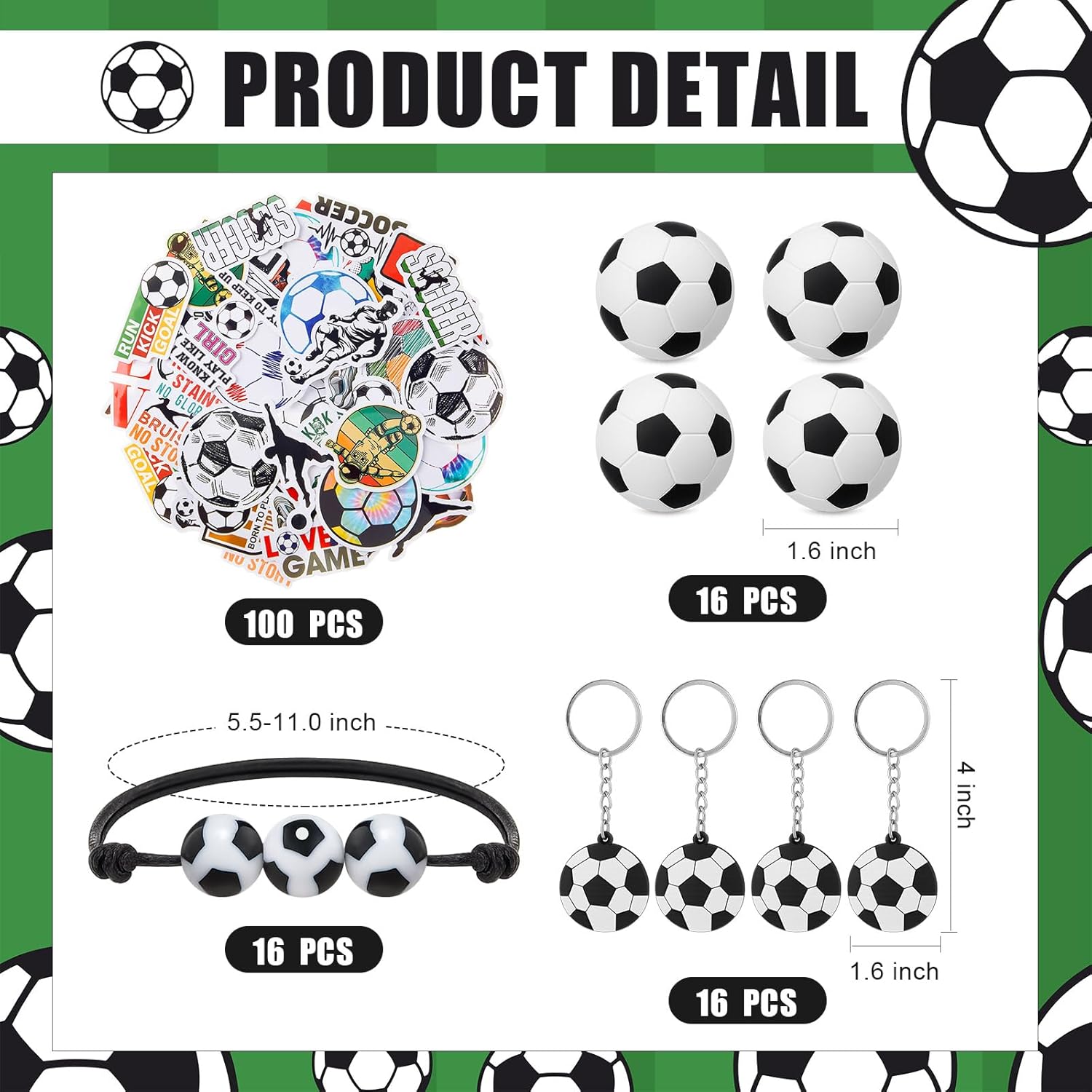 LemonRoad 164 Pcs Sports Party Favors Set 16 Plastic Cups 16 Charm Bracelets 16 Keychains 16 Mini Foam Stress Balls 100 Stickers for Sports Party Supplies(Soccer) - Image 3
