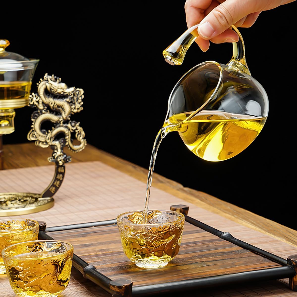 Semi Automatic Drip TeaPot, Lazy Kung Fu Glass Magnetic Tea Set, Pure Copper Heat Resistant Glass Magic Teapot Set, Suitable for home/office Reception Tea Set, Perfect for Holiday Gifts