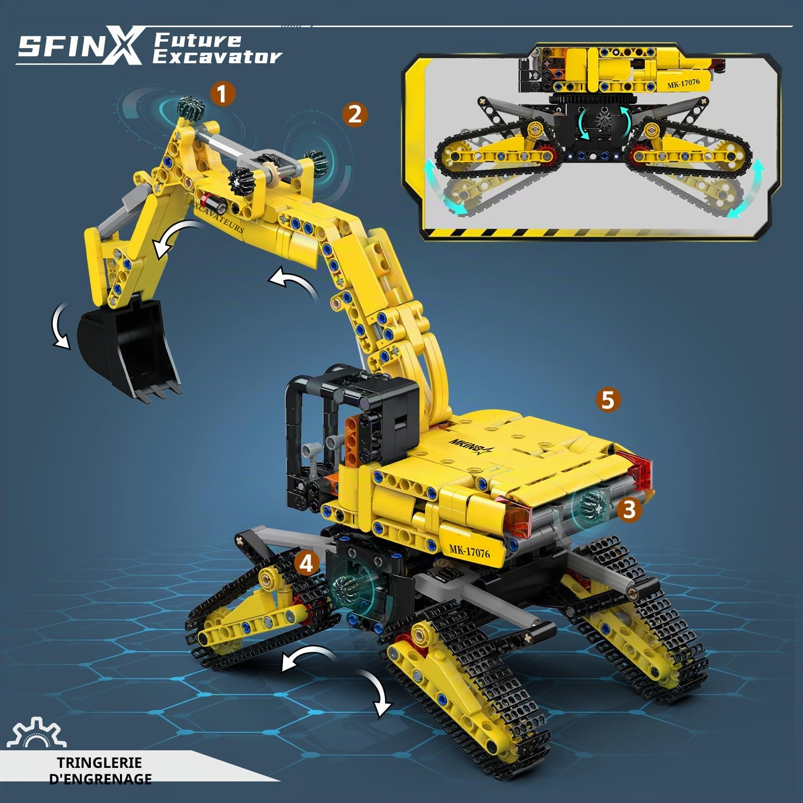Mould King 17076 - Ensemble de construction technique - Pelle mécanique, modèle de bulldozer sur chenilles, camion à moteur haute technologie - Ensemble de briques de construction pour adultes