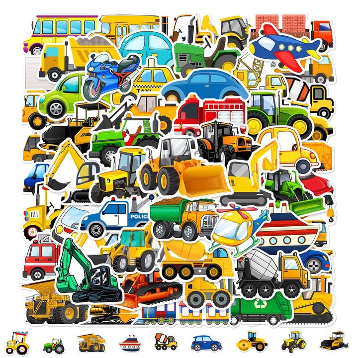 Lot de 120 autocollants pour excavatrice pour enfants - Motif : véhicules de dessin animé -...