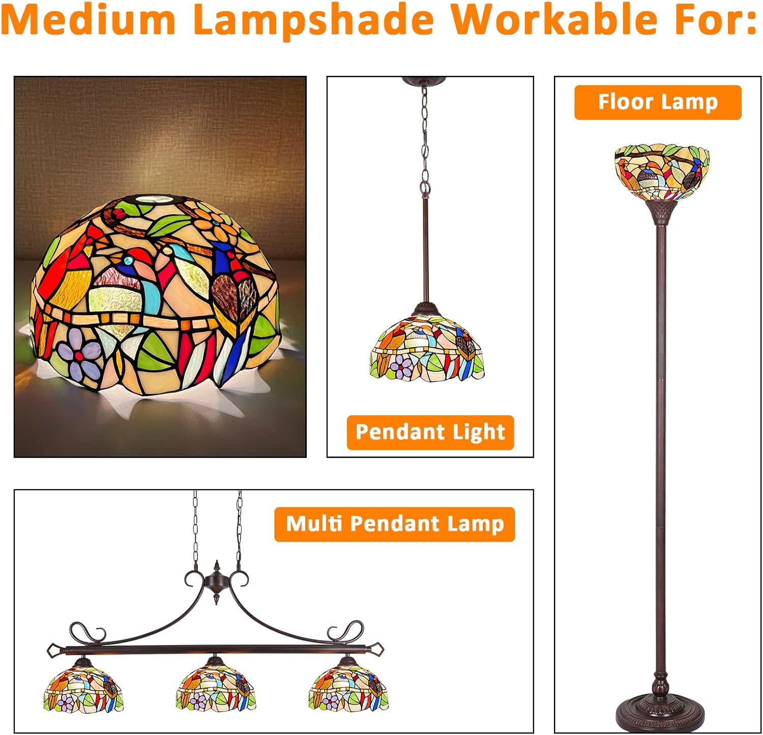 Capulina Tiffany Lamp Shade 12 Inches Wide Accessories Replacement Cardinal Birds Stained Glass Tiffany Style Lampshade for Torchiere Floor Lamp and Pendant Light