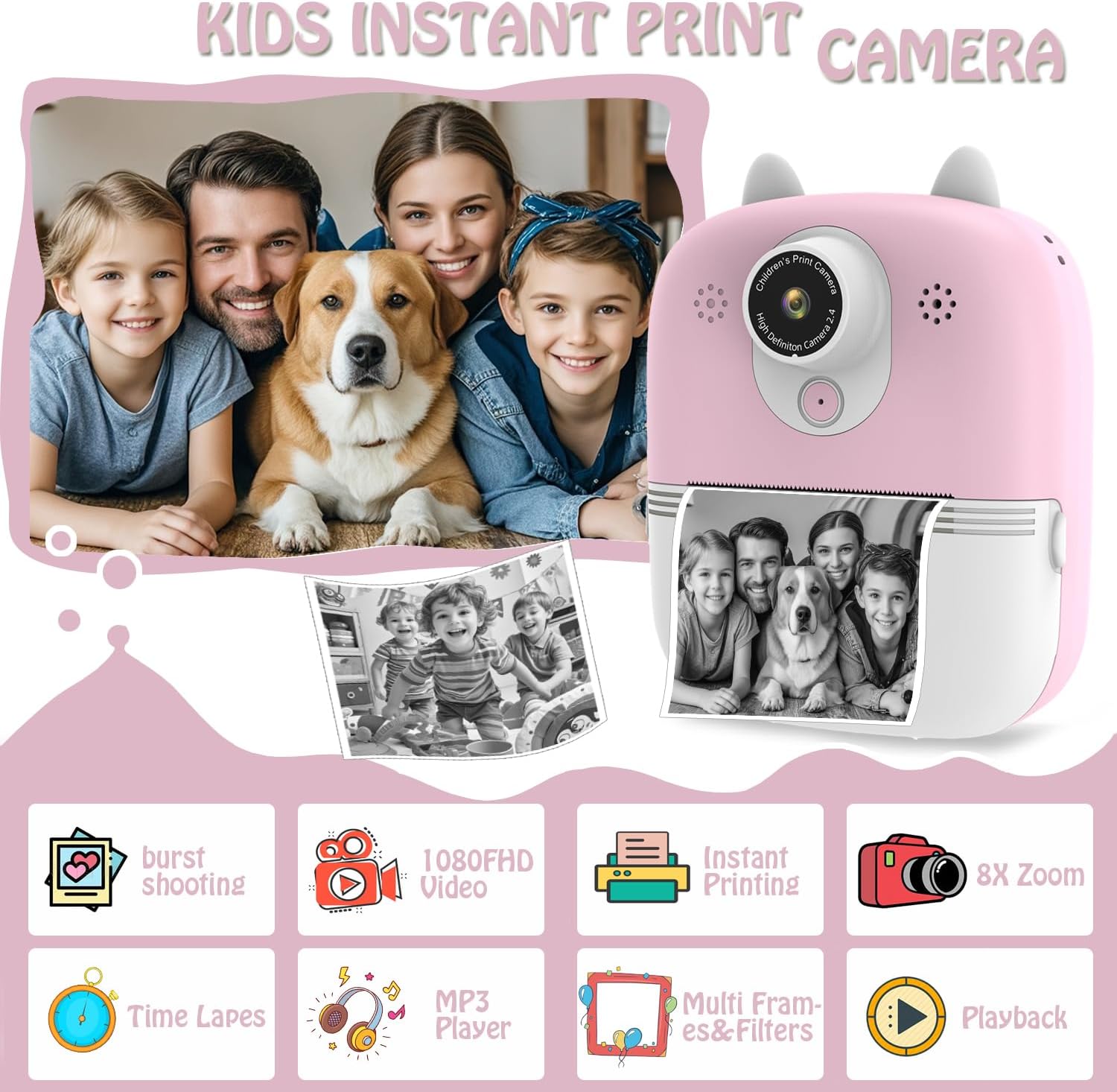 Kids Camera Instant Toddler Camera Instant Print Toys,1080P Children Printable Camera Christmas Birthday Gifts for Girls Boys Cute Camera with Ears (Pink)