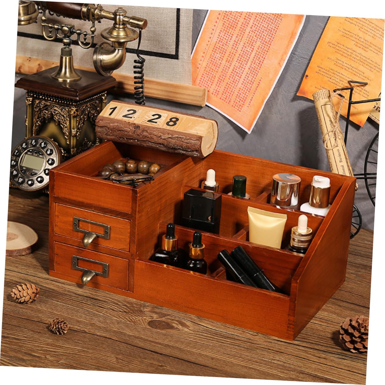 Schminkorganizer Holz mit 6 Fächern und 2 Schubladen, Tischablage