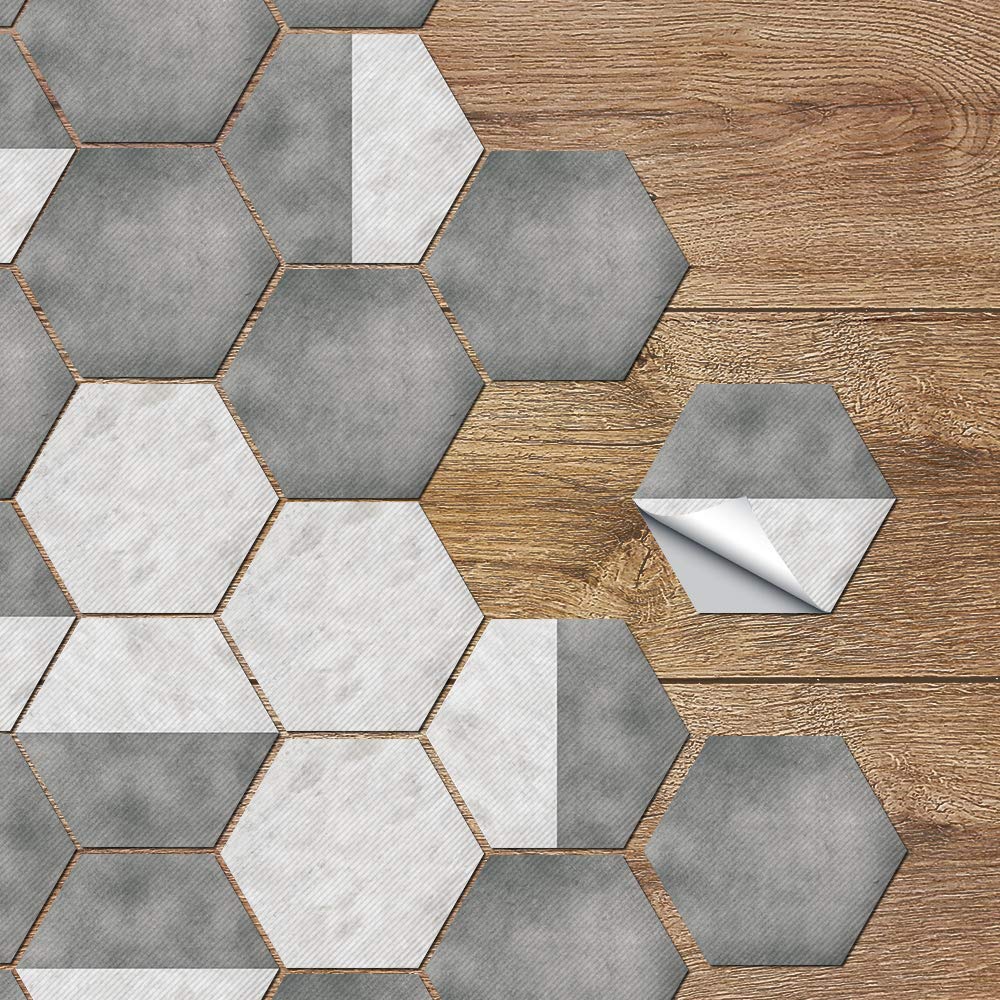 Alwayspon Vinyl Tiles Floor Sticker, Anti-Slip Waterproof Hexagon Kitchen Bathroom Balcony Floor Tiles Decals, Peel and Stick Self-Adhesive Wall Sticker, 7.87" X 9.05" X 10 Pcs Set, Gray Cement — image 1
