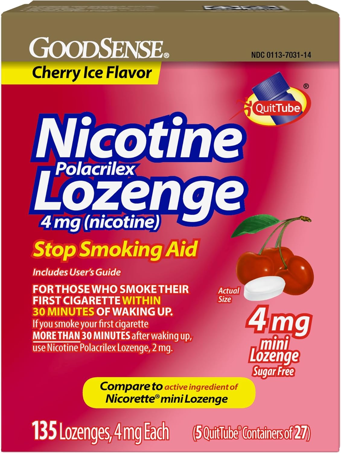 Mini Nicotine Polacrilex Lozenge, 4 mg (Nicotine), Stop Smoking Aid, Cherry Ice Flavor; Quit Smoking with Cherry Ice Nicotine Lozenge