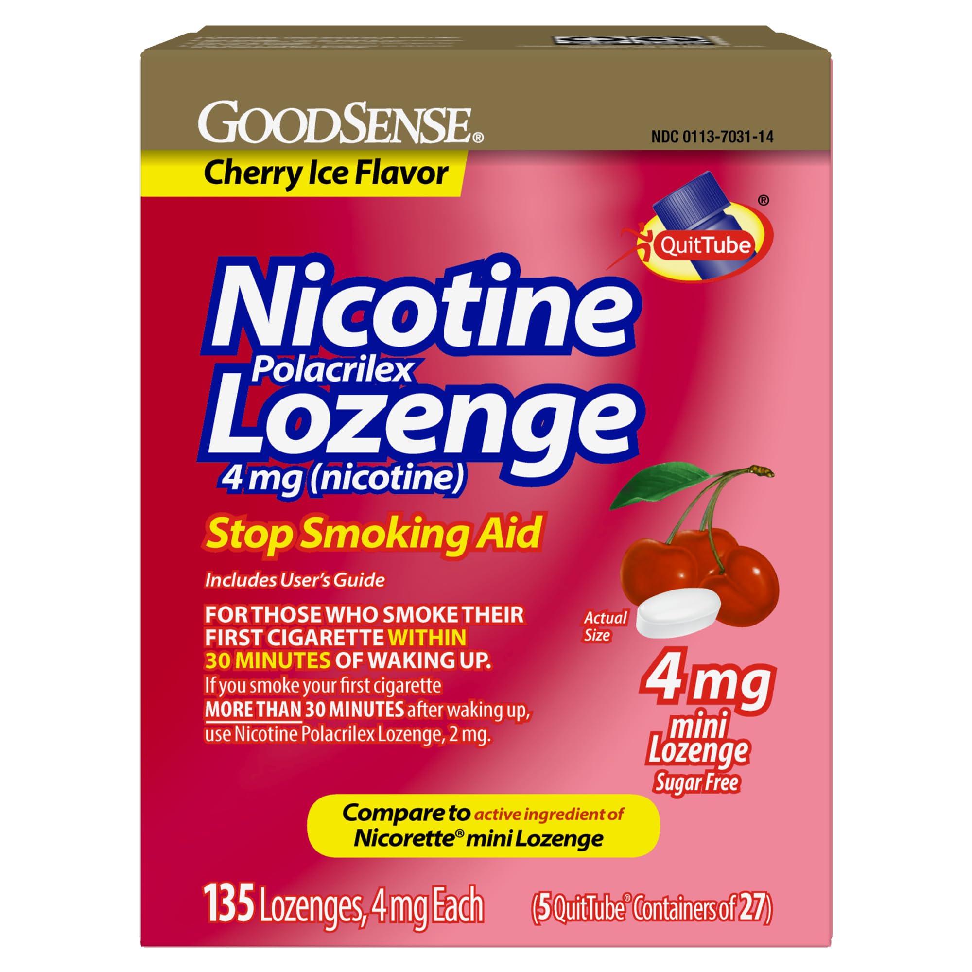 Mini Nicotine Polacrilex Lozenge, 4 mg (Nicotine), Stop Smoking Aid, Cherry Ice Flavor; Quit Smoking with Cherry Ice Nicotine Lozenge