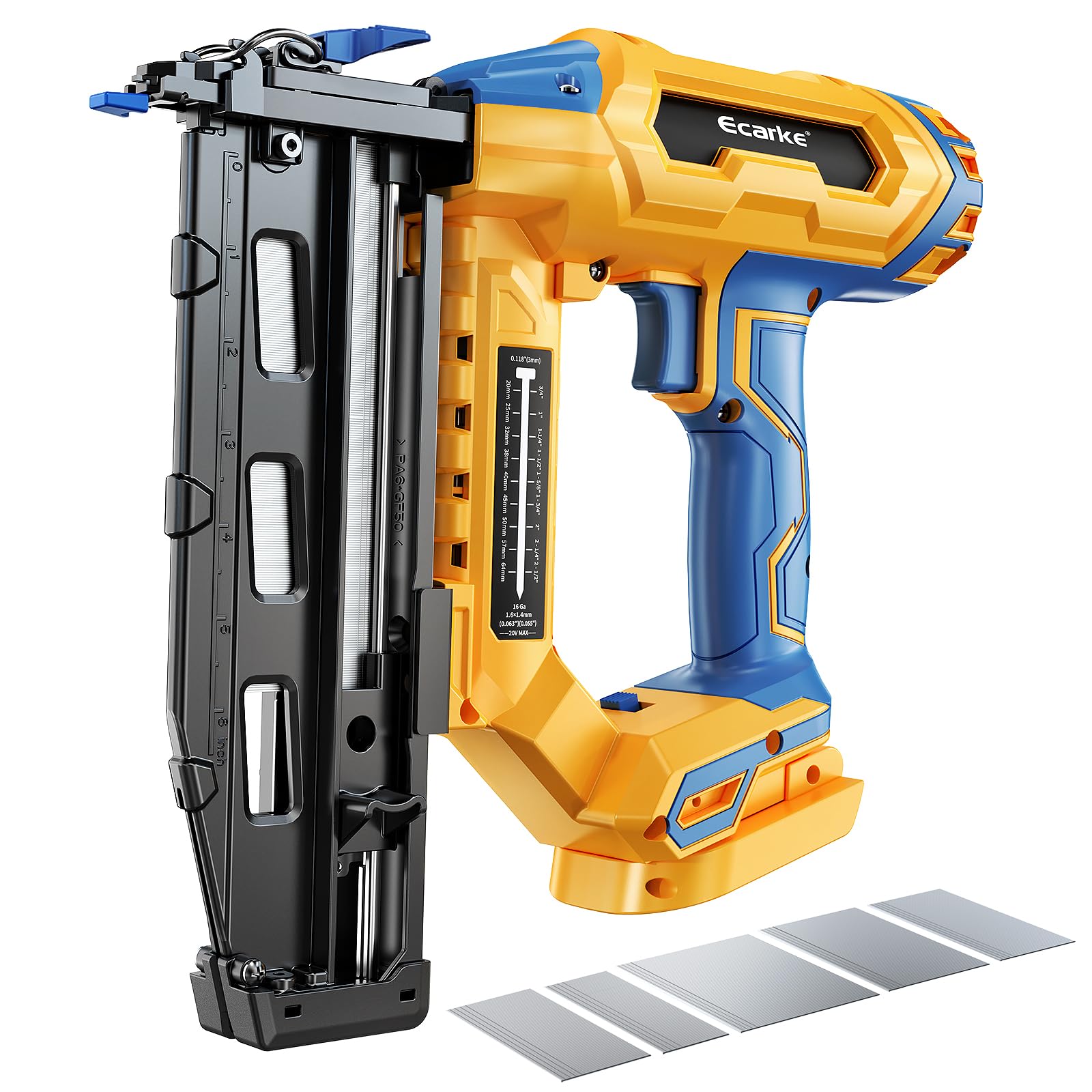 Photo 1 of Ecarke Finish Nailer 16 Gauge Compatible with Dewalt 20V Battery, 3/4 to 2-1/2 Inch Cordless Straight Brad Nailer, Tool-Free Adjustment, Dual Firing Modes Nail Gun for Finish Work,Tool Only, 5.7 lbs