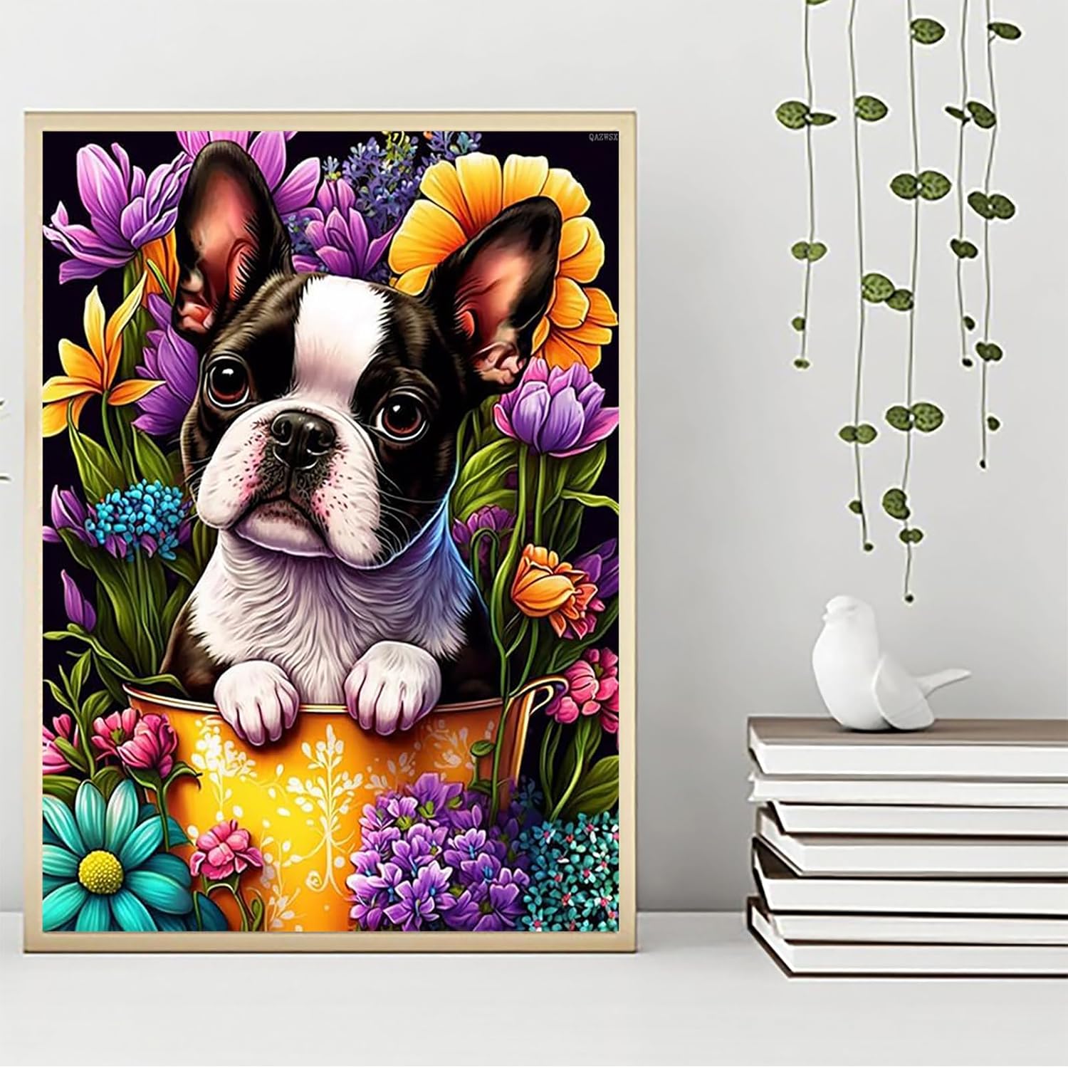 QAZWSX Boston Terrier Diamond Painting, Colorful Flower Animals DIY Diamond Art Kit for Beginners Colorful Diamond Painting Art for Home Wall Decor 12x16 INCH