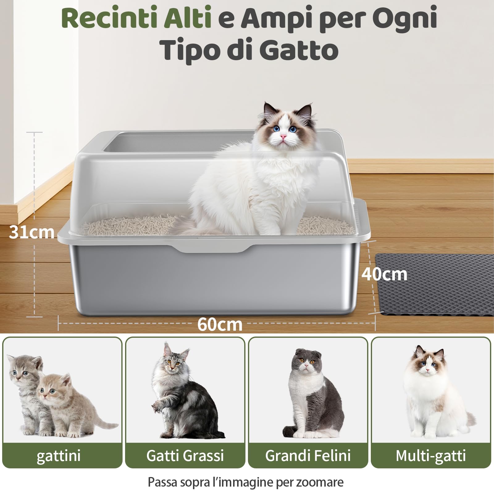Gimars XL lettiera in acciaio per gatti, ampia vaschetta in acciaio inox da 20L con paletta e tappetino, lettiera in metallo ideale per gatti di taglia media e grande