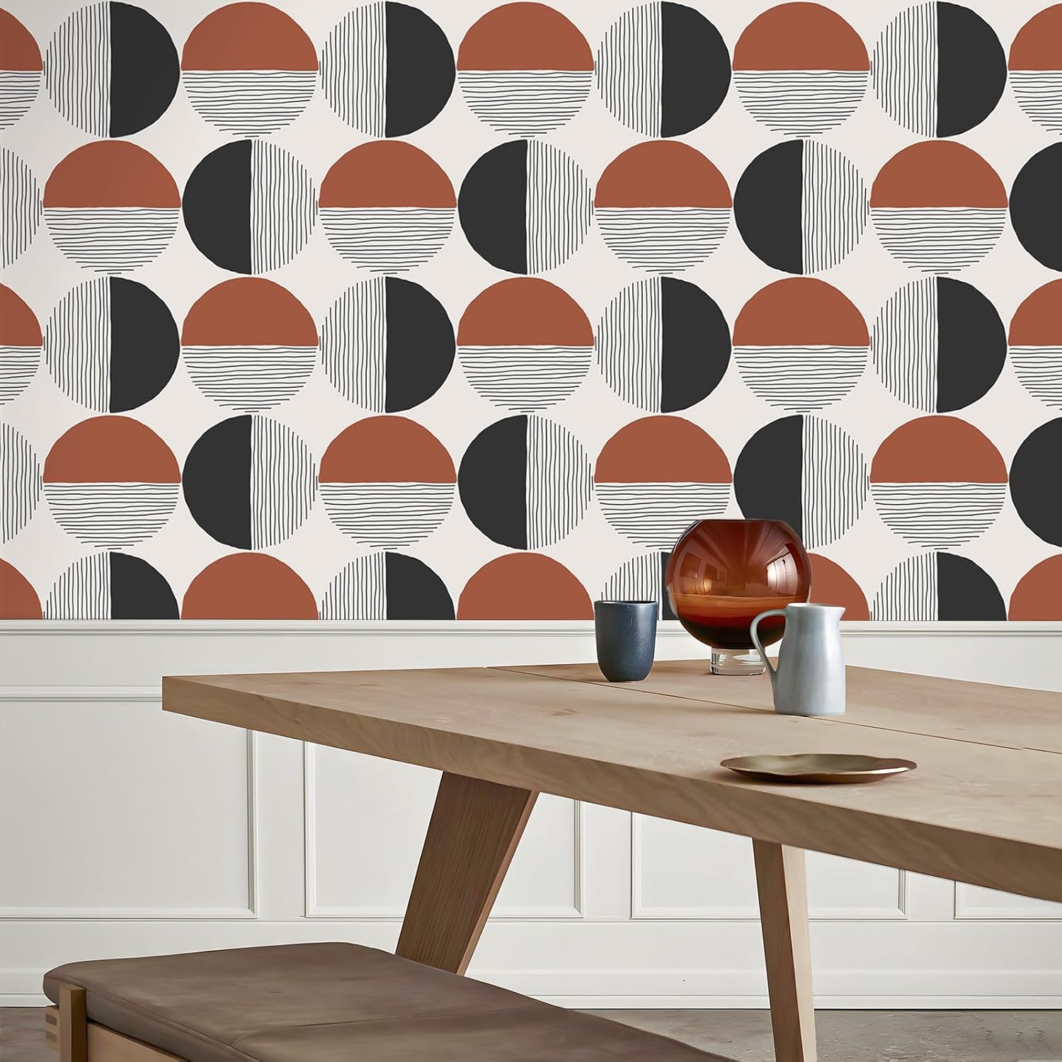 VEELIKE 17.7''x354'' Mid Century Burnt Orange Geometric Wallpaper Peel and Stick Boho Abstract Wallpaper for Bedroom Bathroom Removable Self Adhesive Modern Wallpaper for Living Room Accent Wall