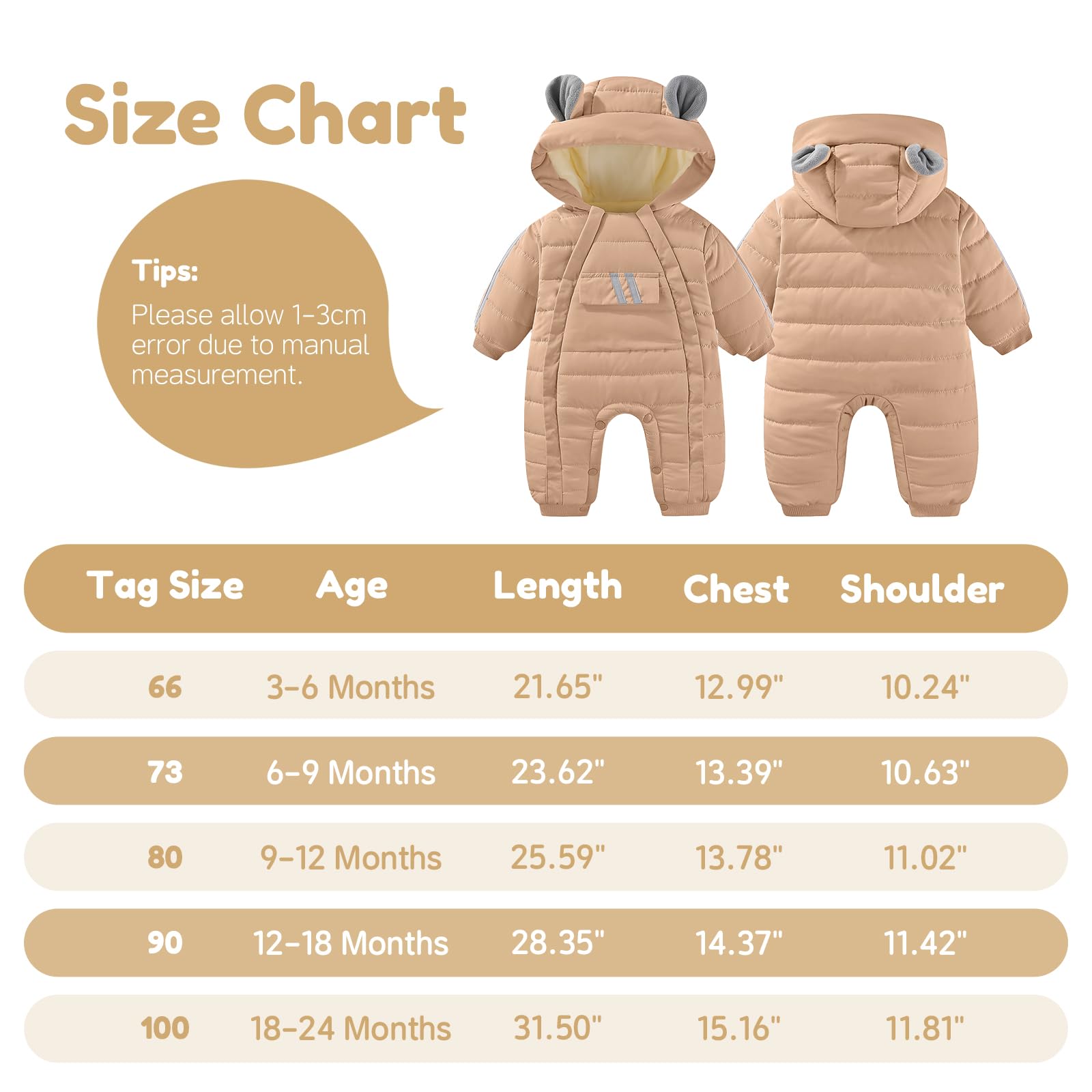 JiAmy Combinaison de Neige pour Bébé Garçons Filles, Barboteuse hiver Double fermeture éclair Grenouillère à Capuche Chaud Tout-petit pour 3-24 mois