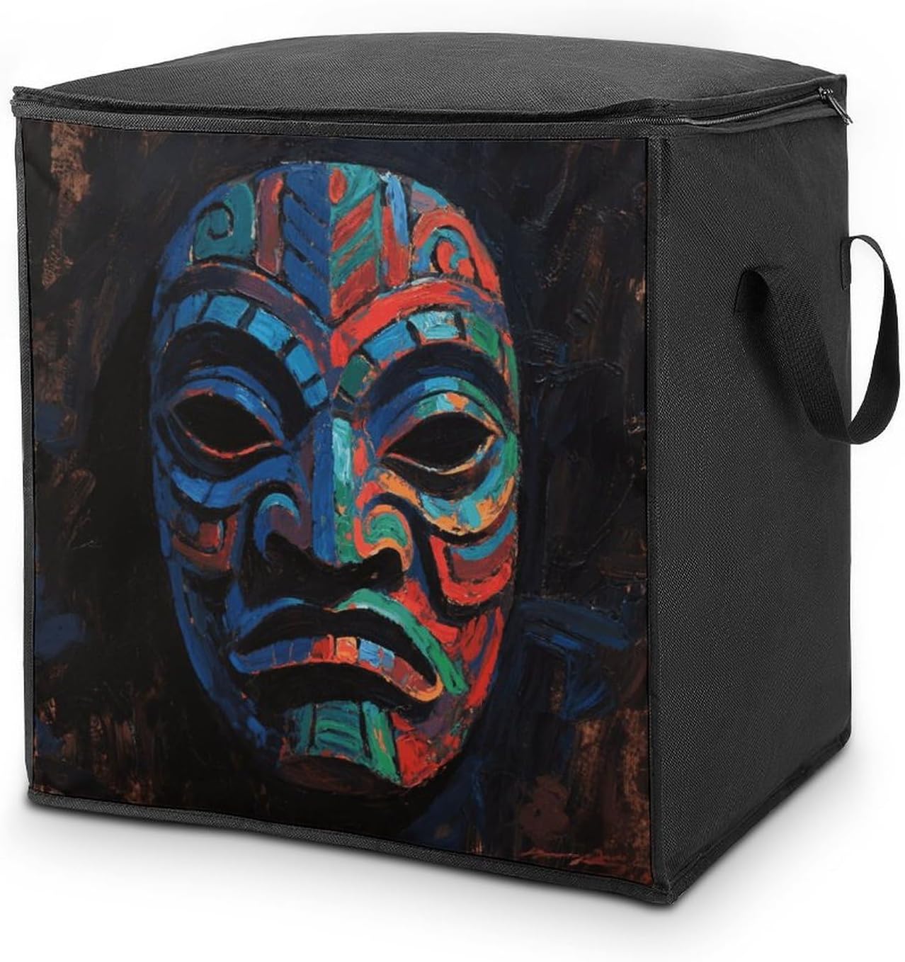 3D Colorful Tiki Mask Pattern Storage Bag with Zippers And Handle Extra Large Bedding Comforter Storage Bag Foldable Blanket Storage Bags Fabric Moving Bags for Closet Organizer (70L)