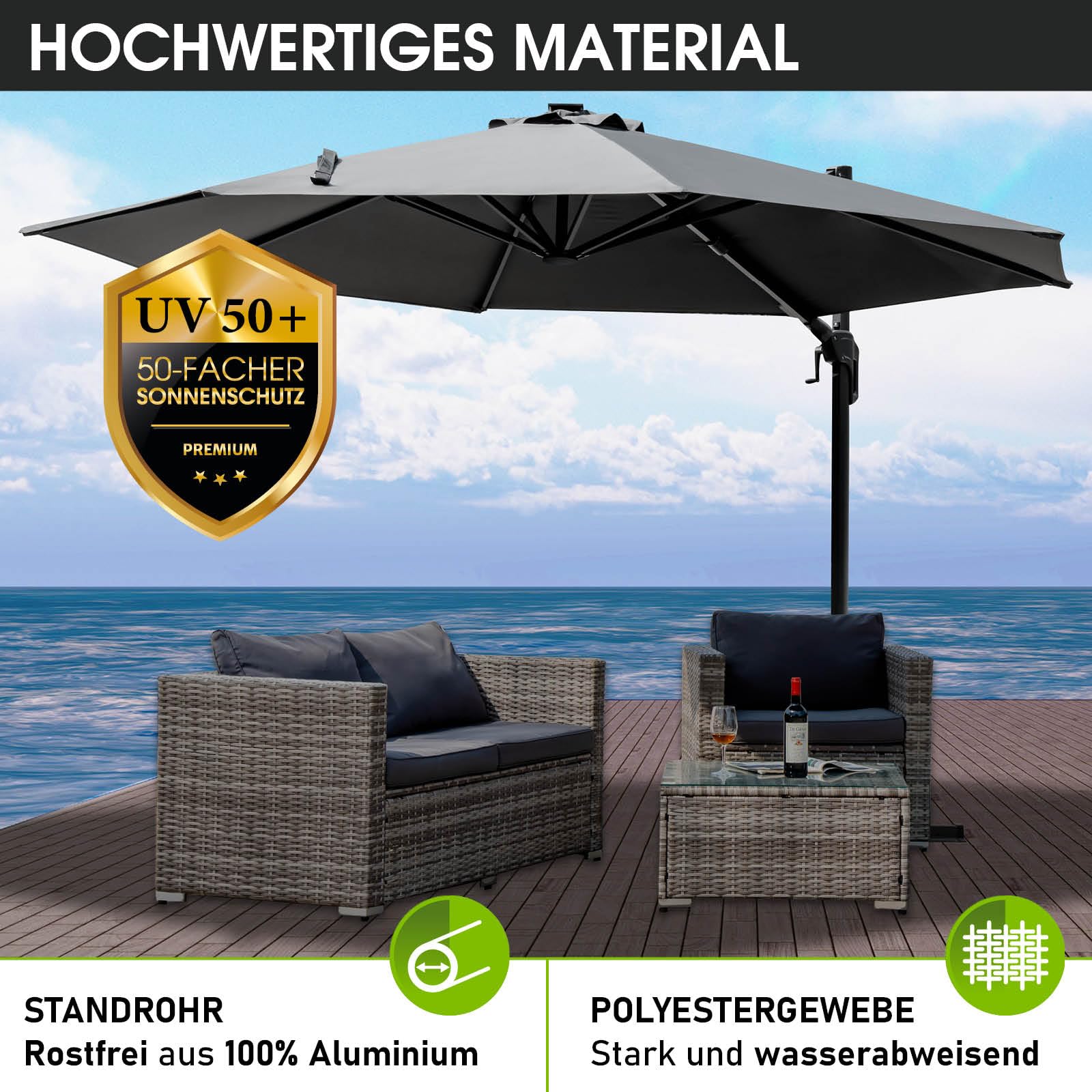 BRAST Alu Sonnenschirm Ampelschirm | Ø300cm Grau | TÜV geprüft | viele Modelle | Schützhülle | UV-Schutz 50+ | wasserabweisend | drehbar & höhenverstellbar
