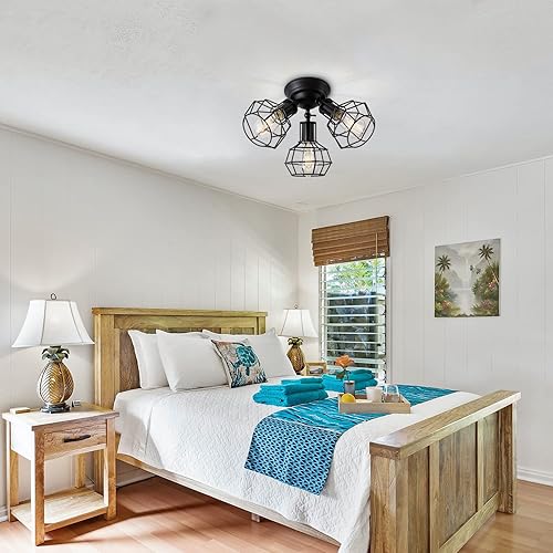 Miniatura 4 de Lámpara de techo industrial negra semiempotrada vintage de 3 luces de jaula negra, lámpara de techo de montaje empotrado negro para cocina,