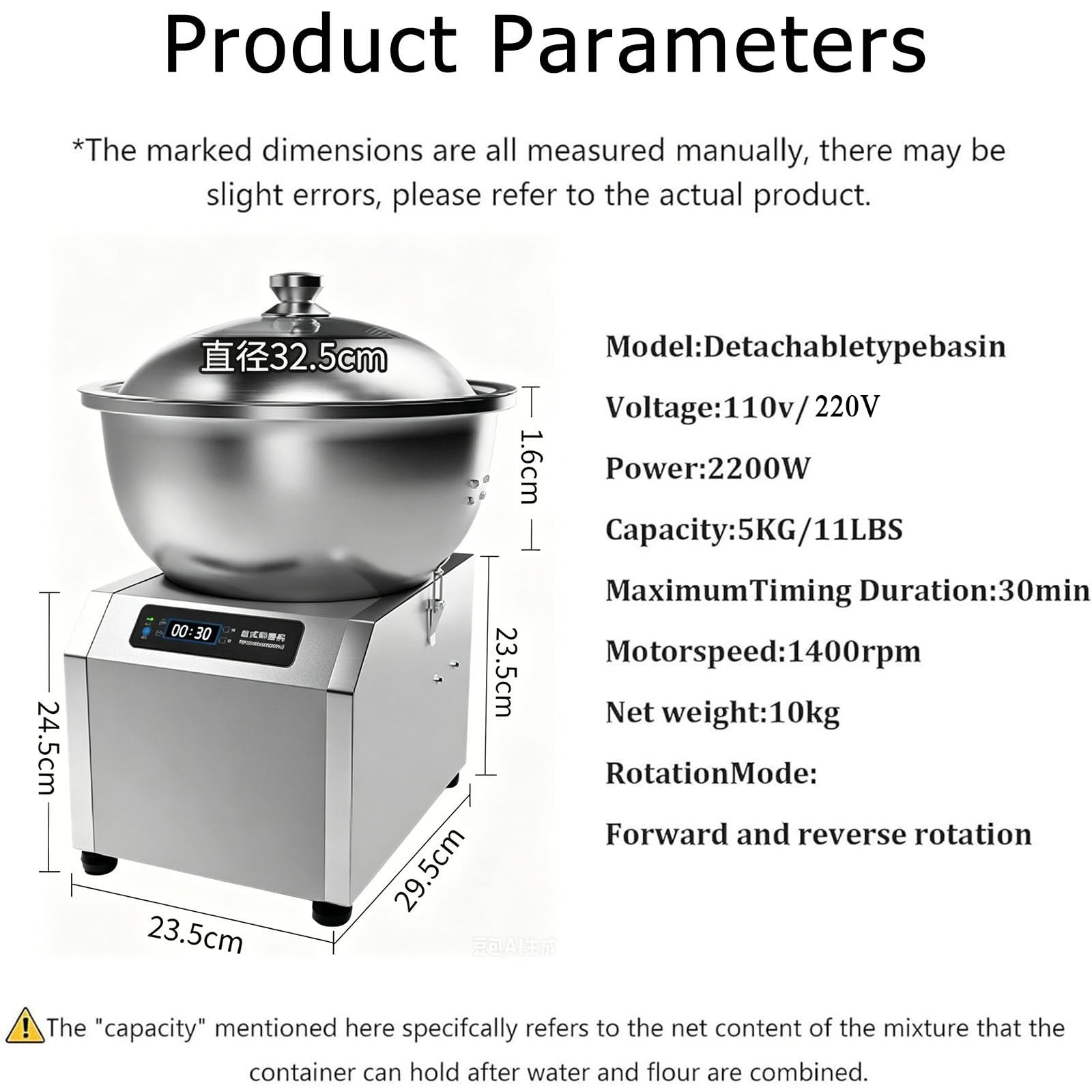 Macchina per Impasto in Acciaio Inox 2200w,Impastatrice Elettrica a Spirale,con Funzione di Fermentazione E Timer, Doppia Rotazione per Ristoranti, Panetterie E Pizzerie 5kg