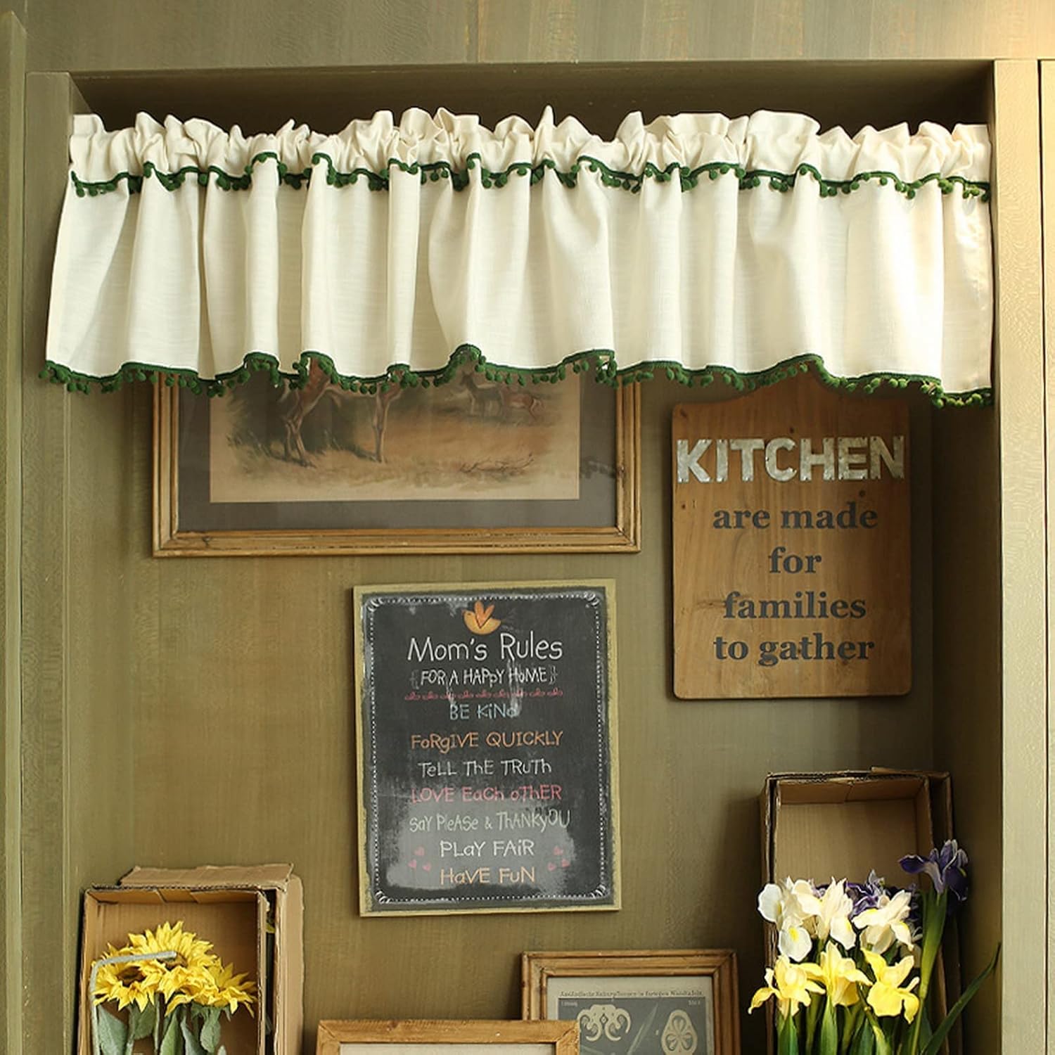 A.Monamour Short Curtain for Small Window Beige Cotton and Linen with Green Pom Poms Window Treatment Valance Window Panel Drapes Half Curtain for Kitchen Café Bedroom Cabinet Curtain Door Curtain